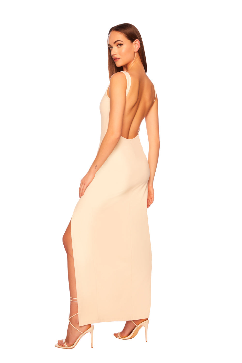 low back tank slit dress with attached bodysuit lining