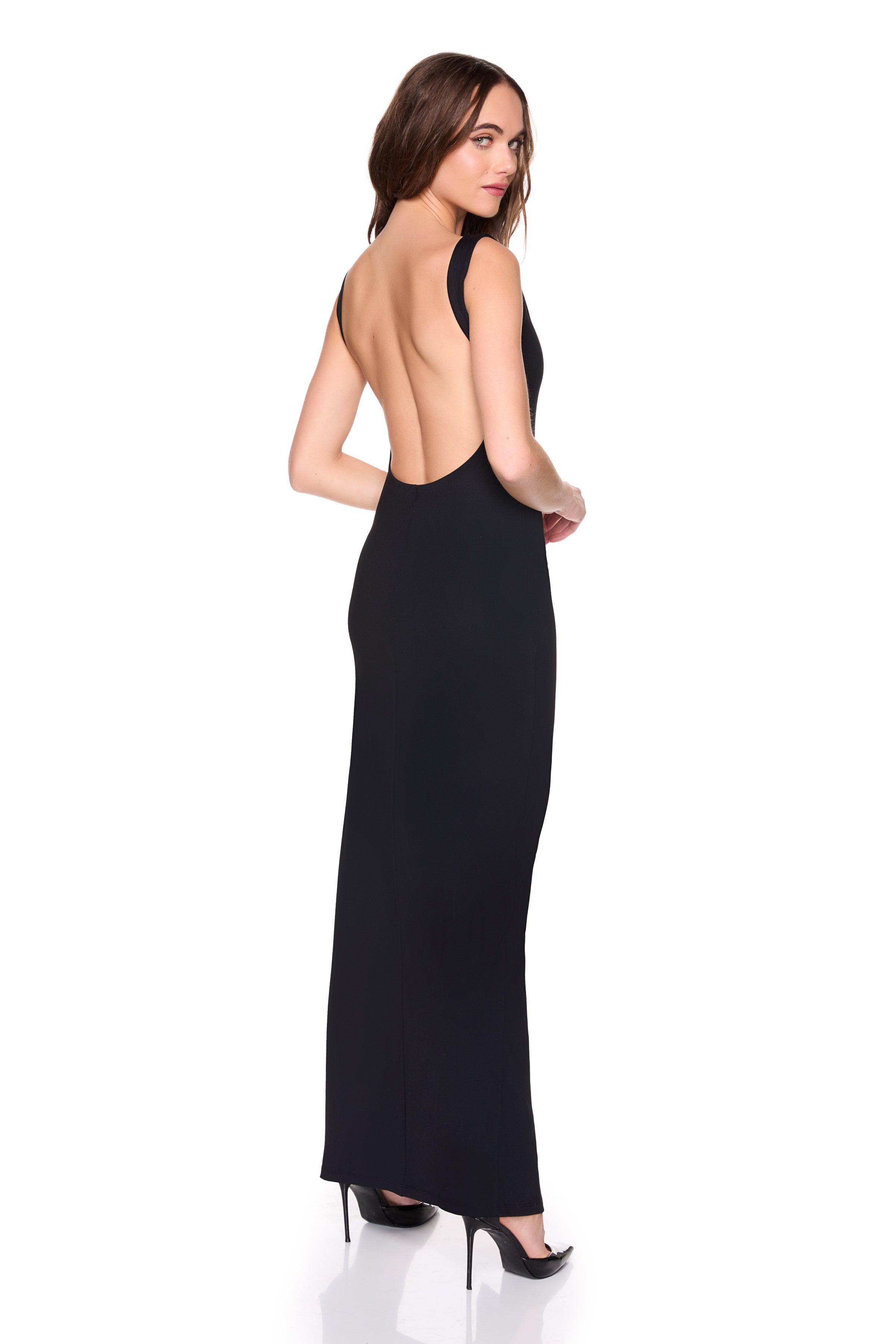 low back tank slit dress with attached bodysuit lining