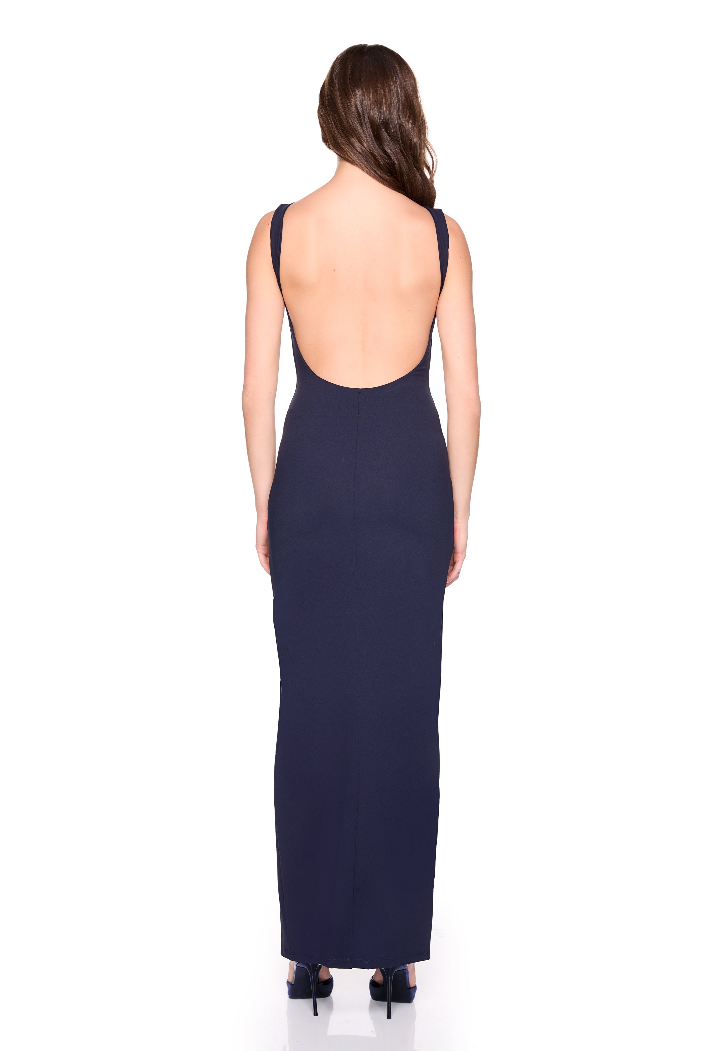 low back tank slit dress with attached bodysuit lining