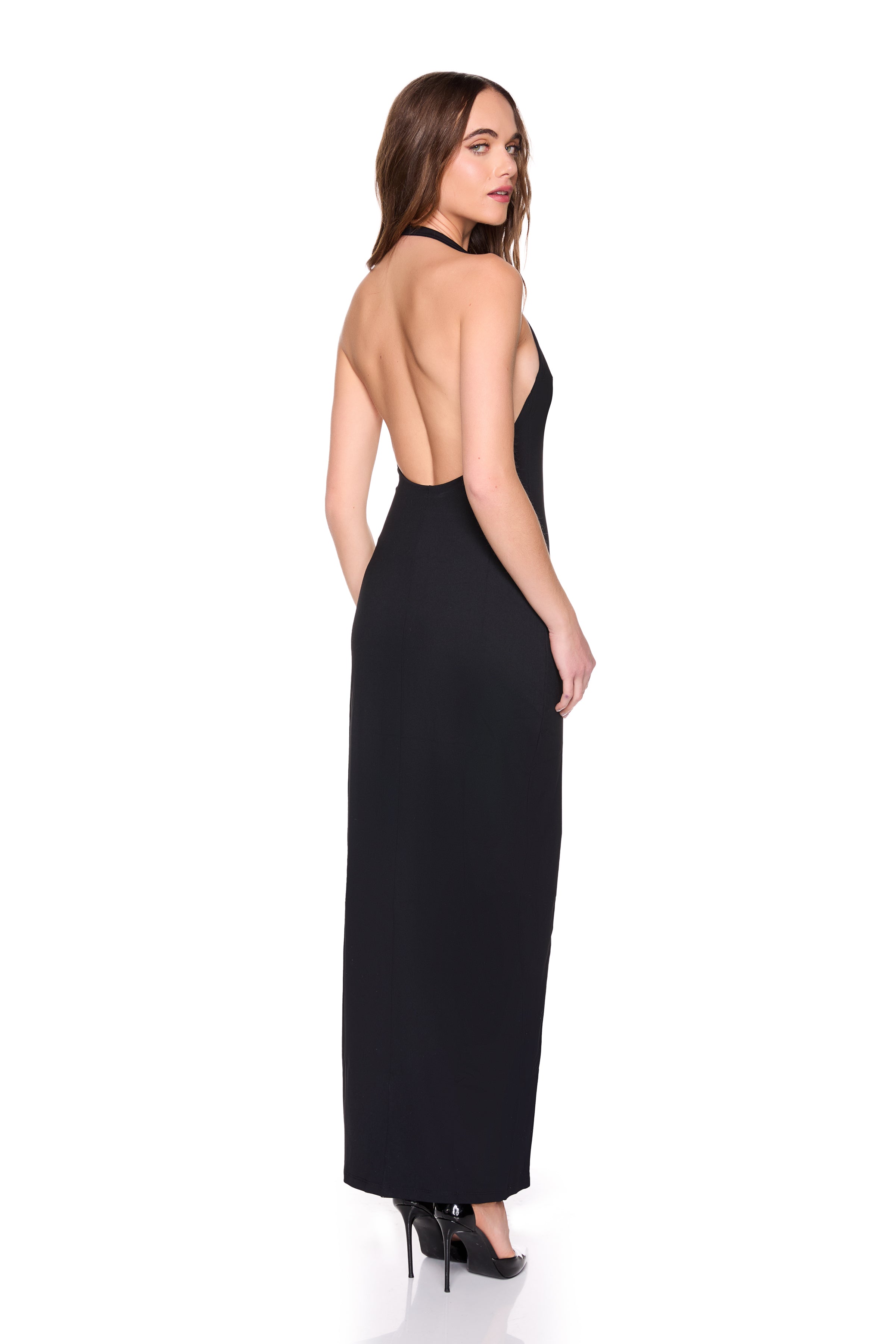 halter low back slit dress with attached bodysuit lining