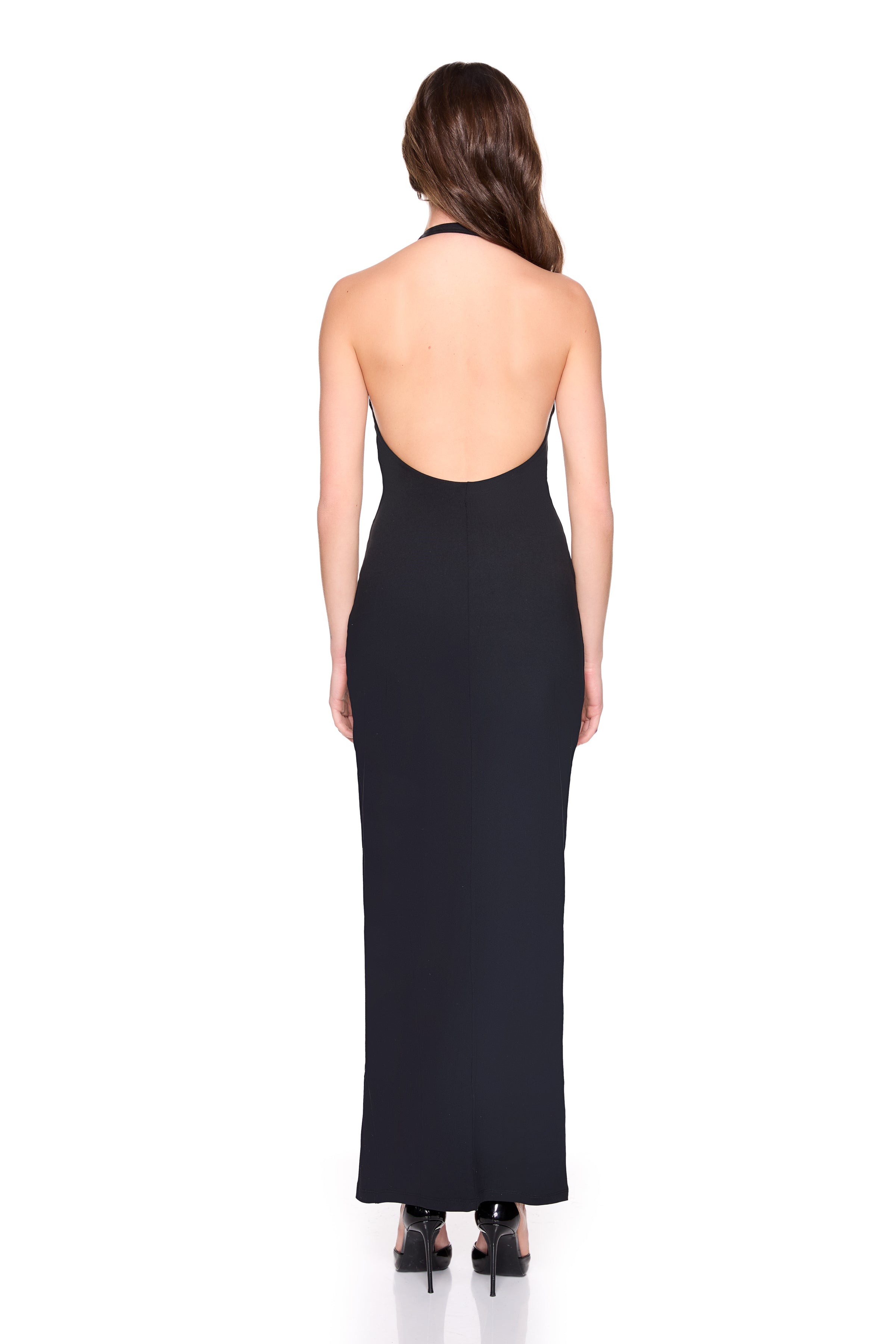 halter low back slit dress with attached bodysuit lining