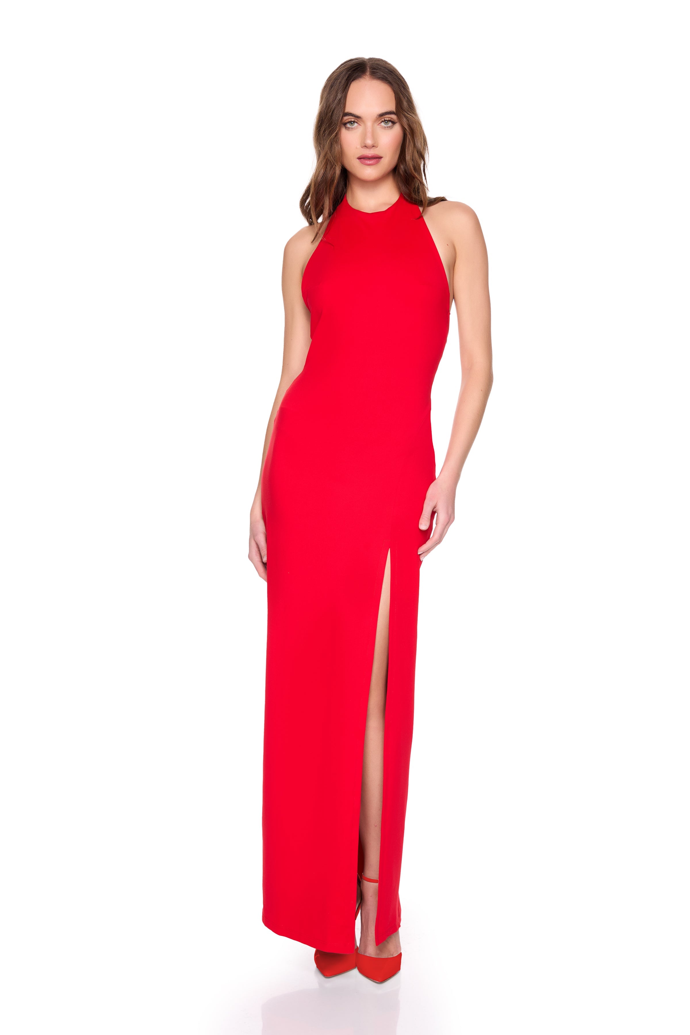 halter low back slit dress with attached bodysuit lining