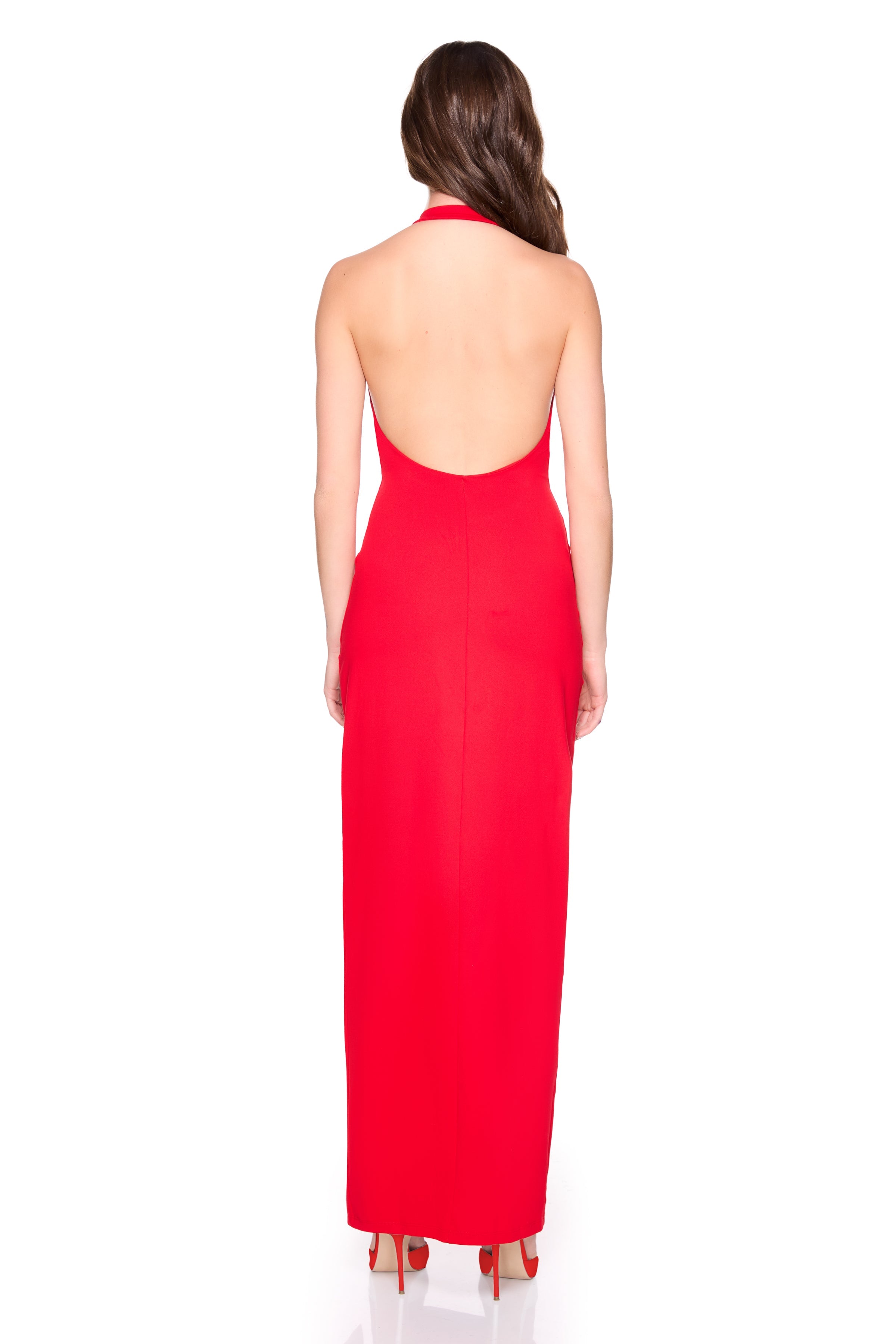 halter low back slit dress with attached bodysuit lining