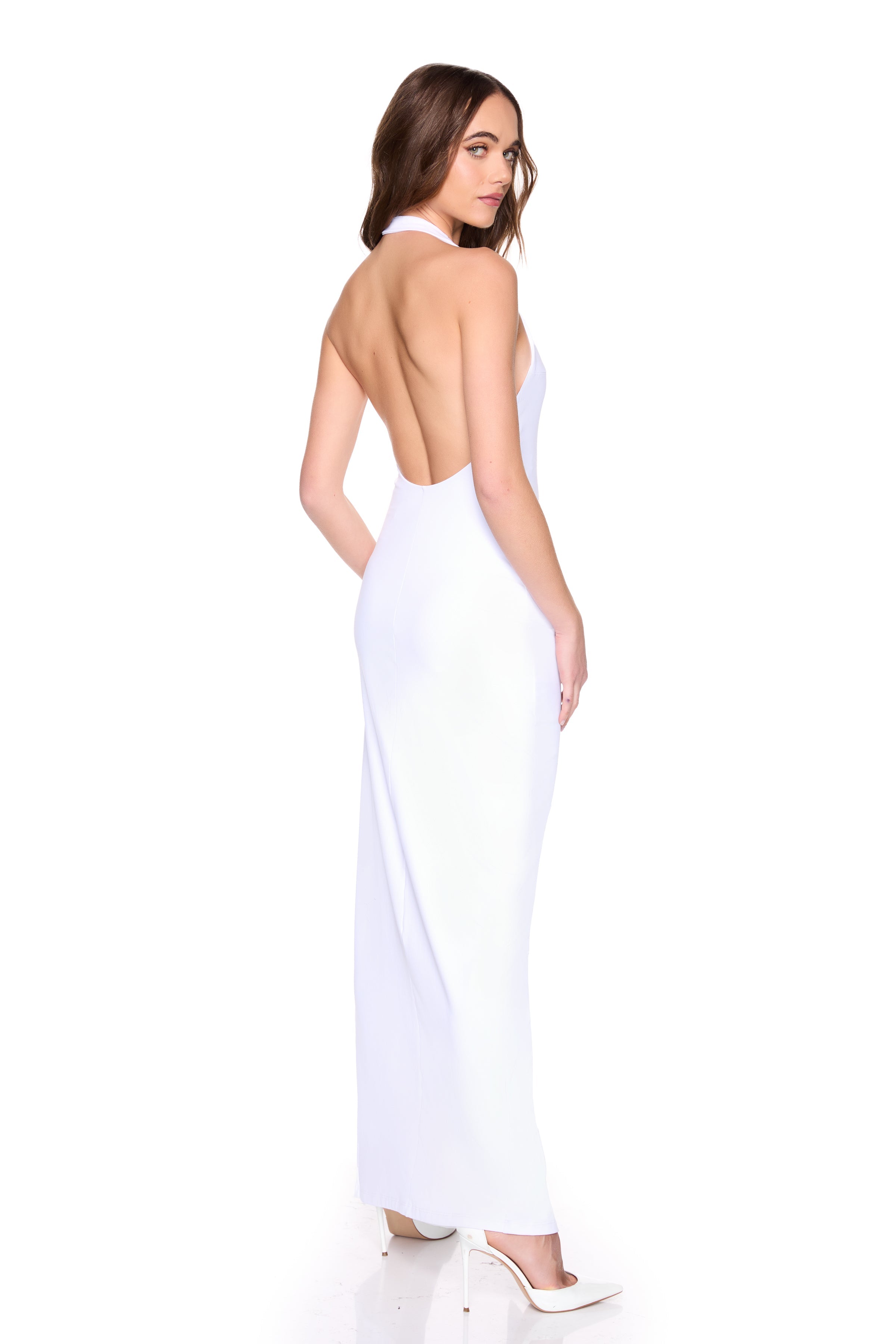 halter low back slit dress with attached bodysuit lining