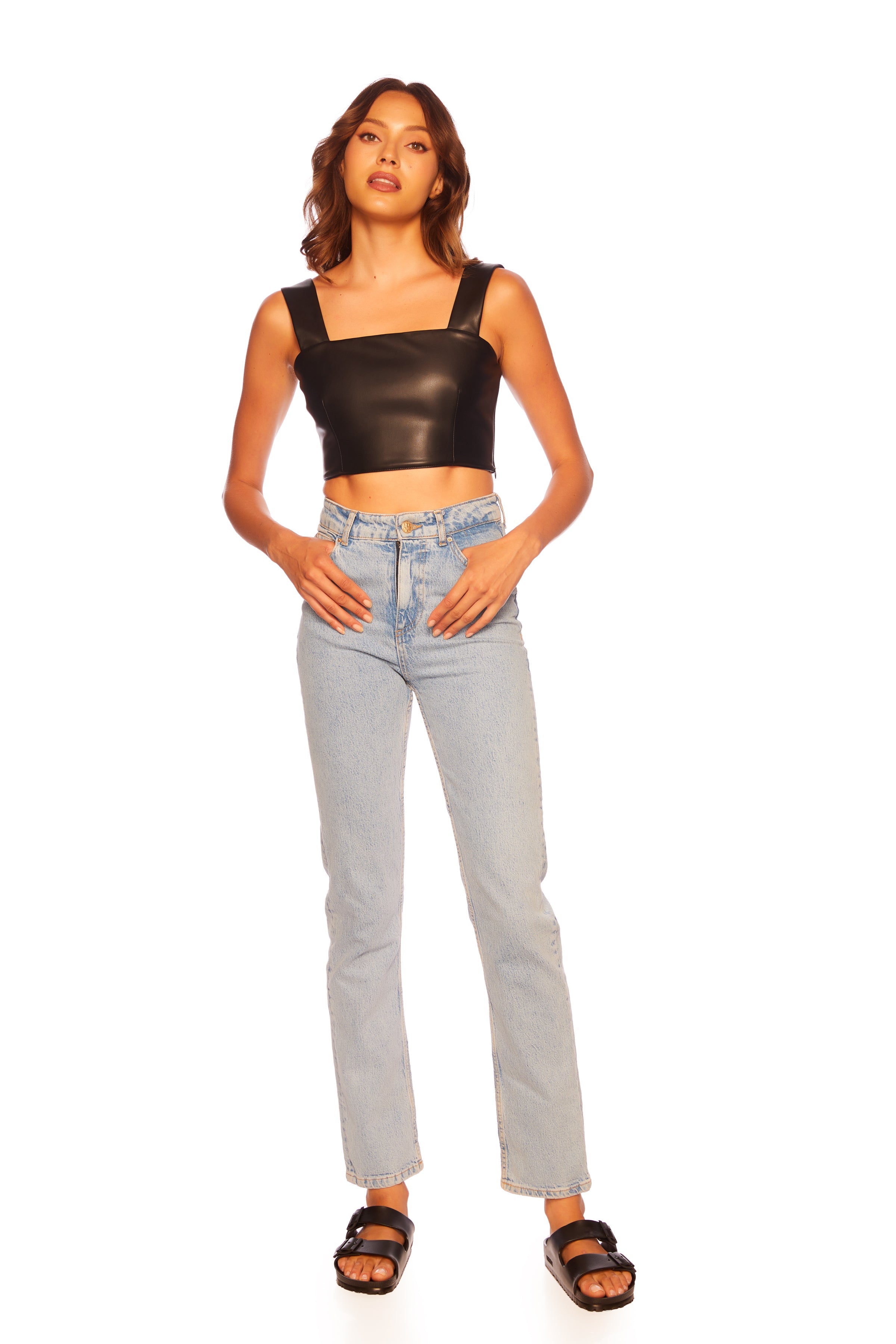 faux leather wide strap top