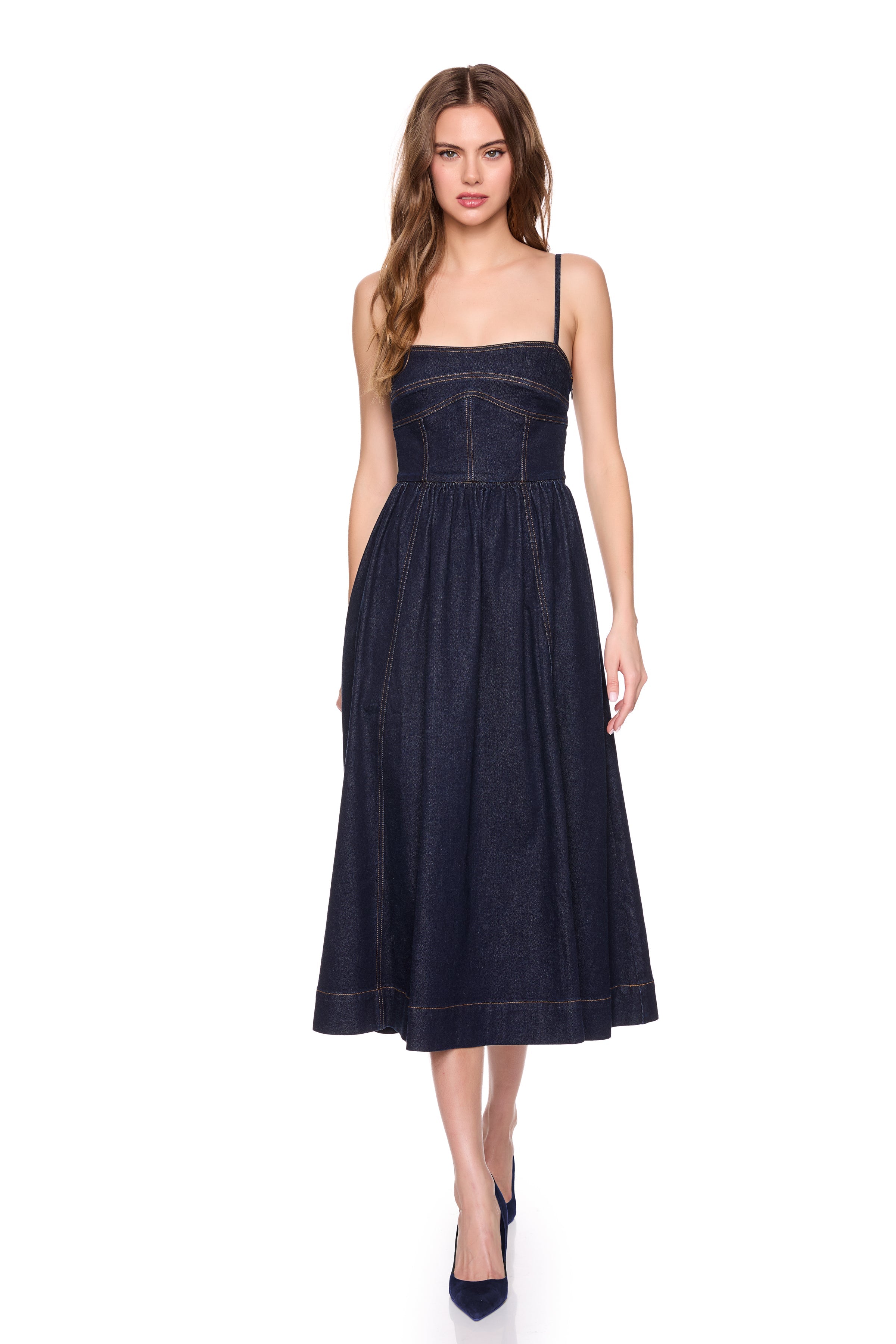 denim corset midi dress