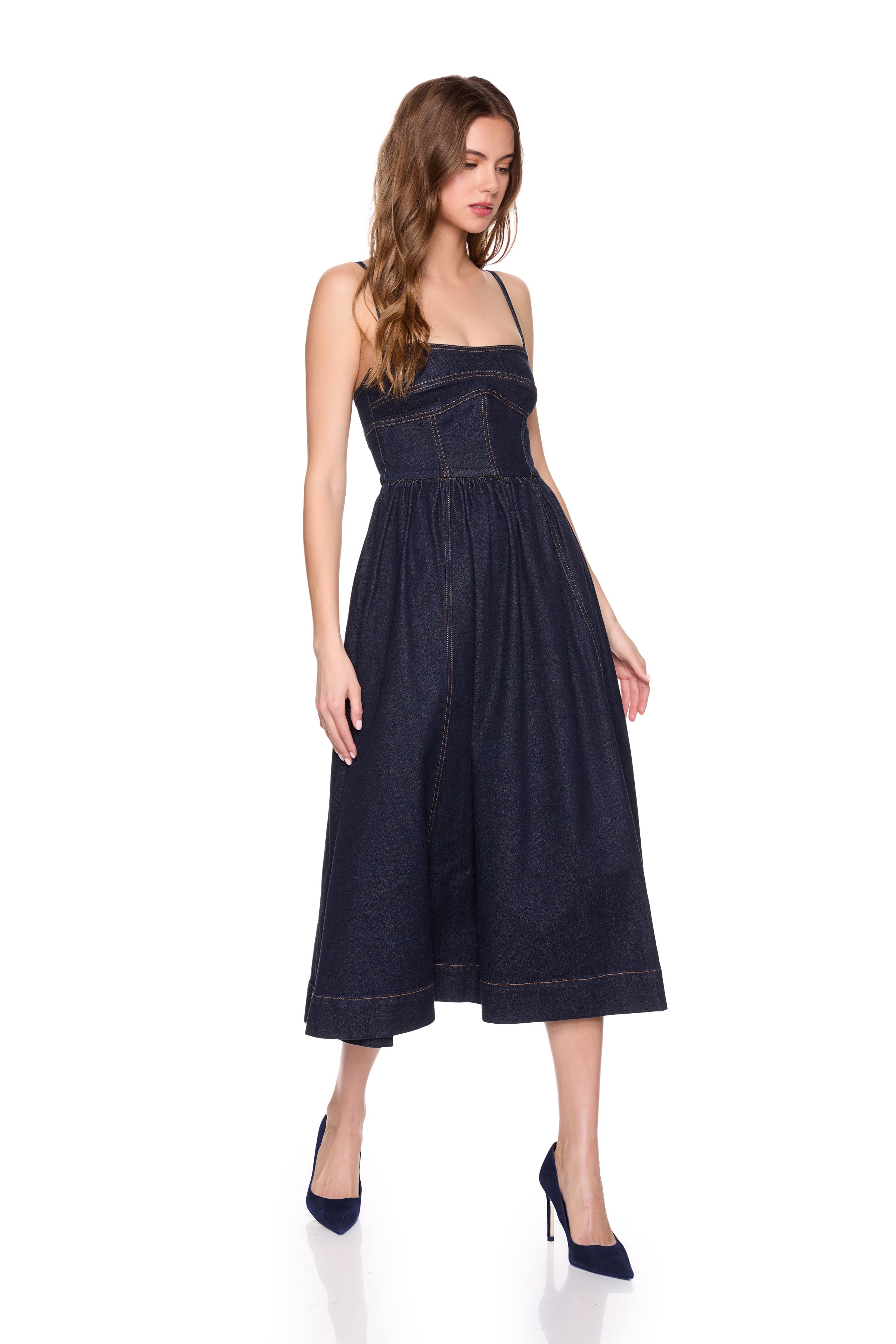 denim corset midi dress