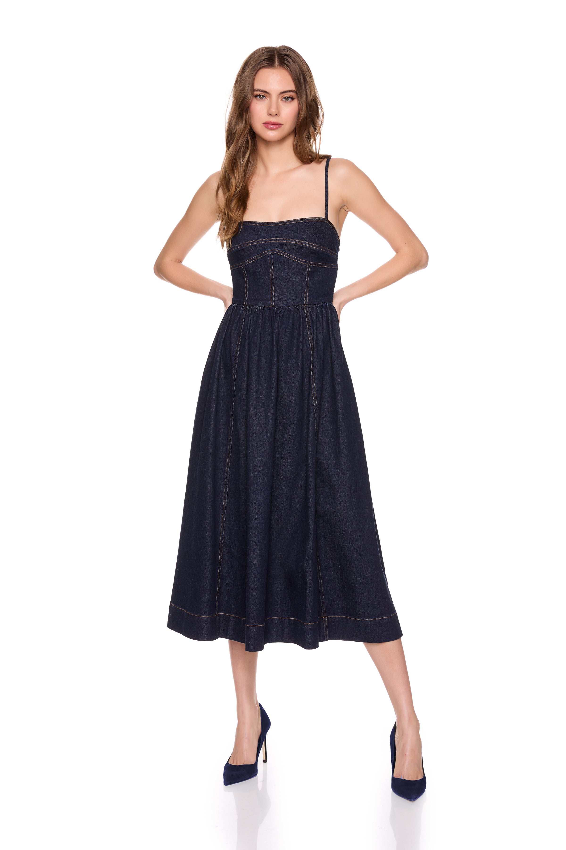 denim corset midi dress