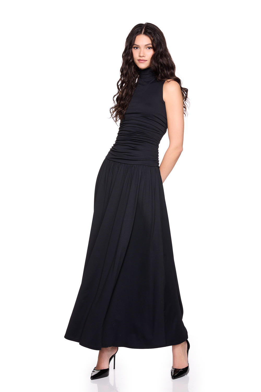 mock neck drop waist gathered dress