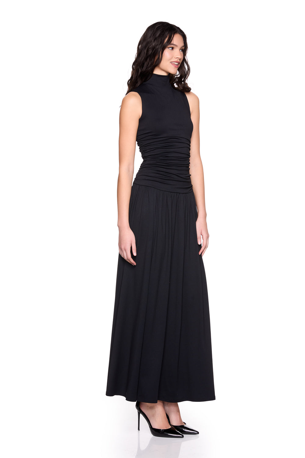 mock neck drop waist gathered dress