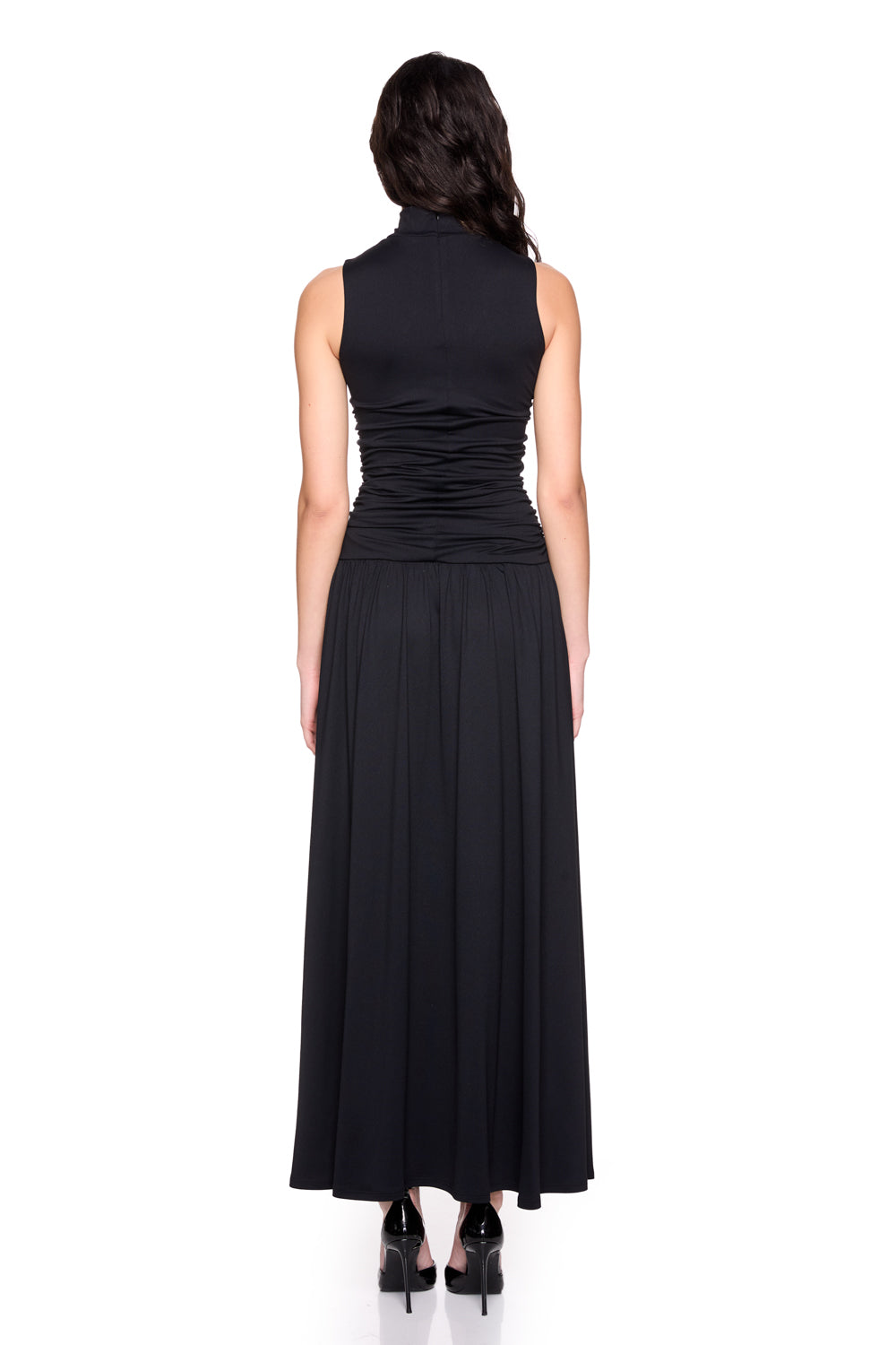 mock neck drop waist gathered dress