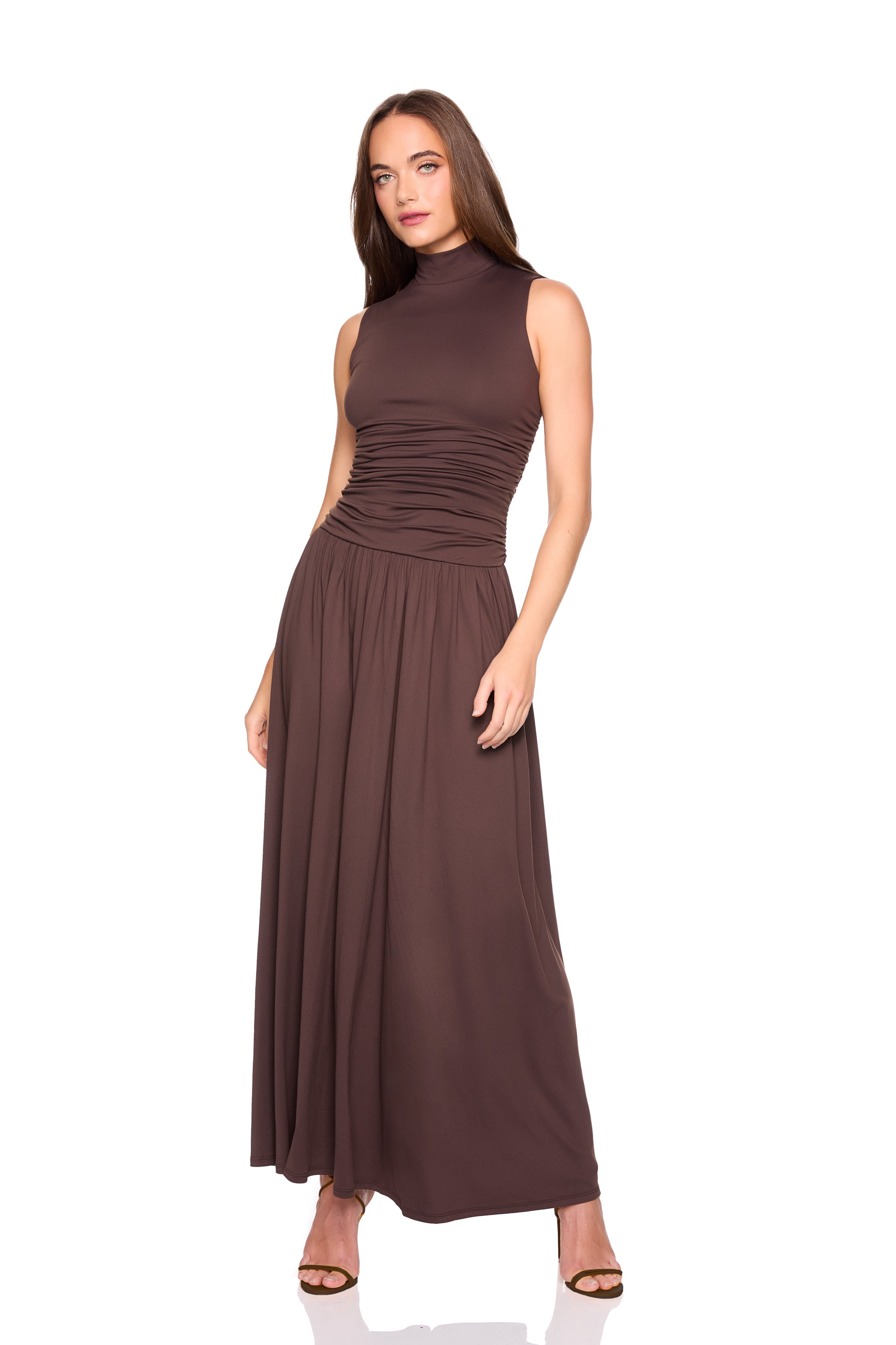 mock neck drop waist gathered dress