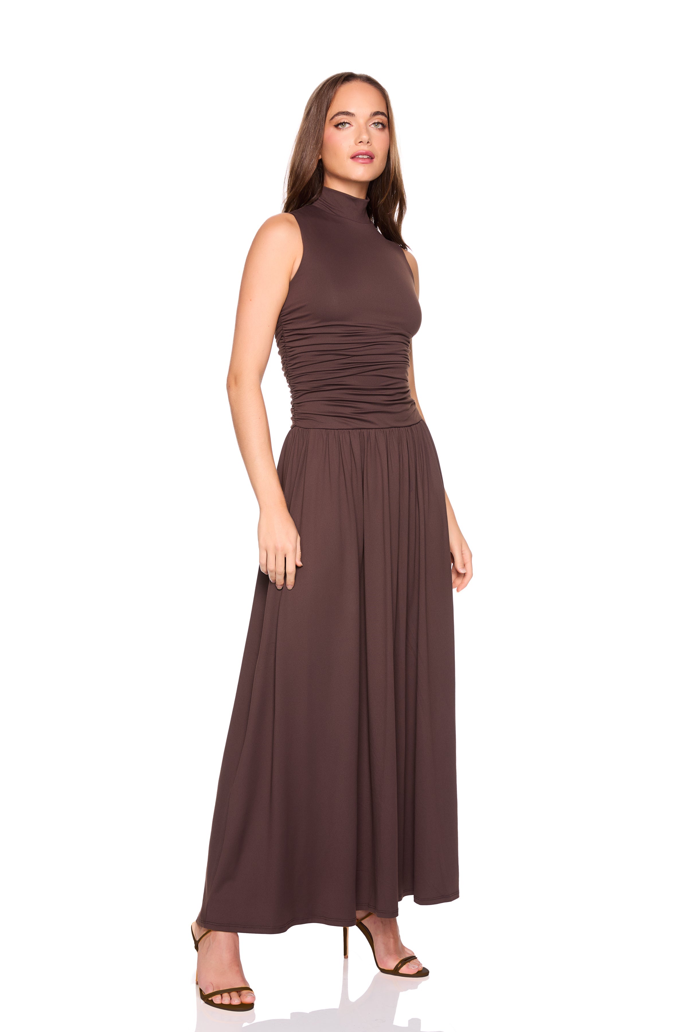 mock neck drop waist gathered dress