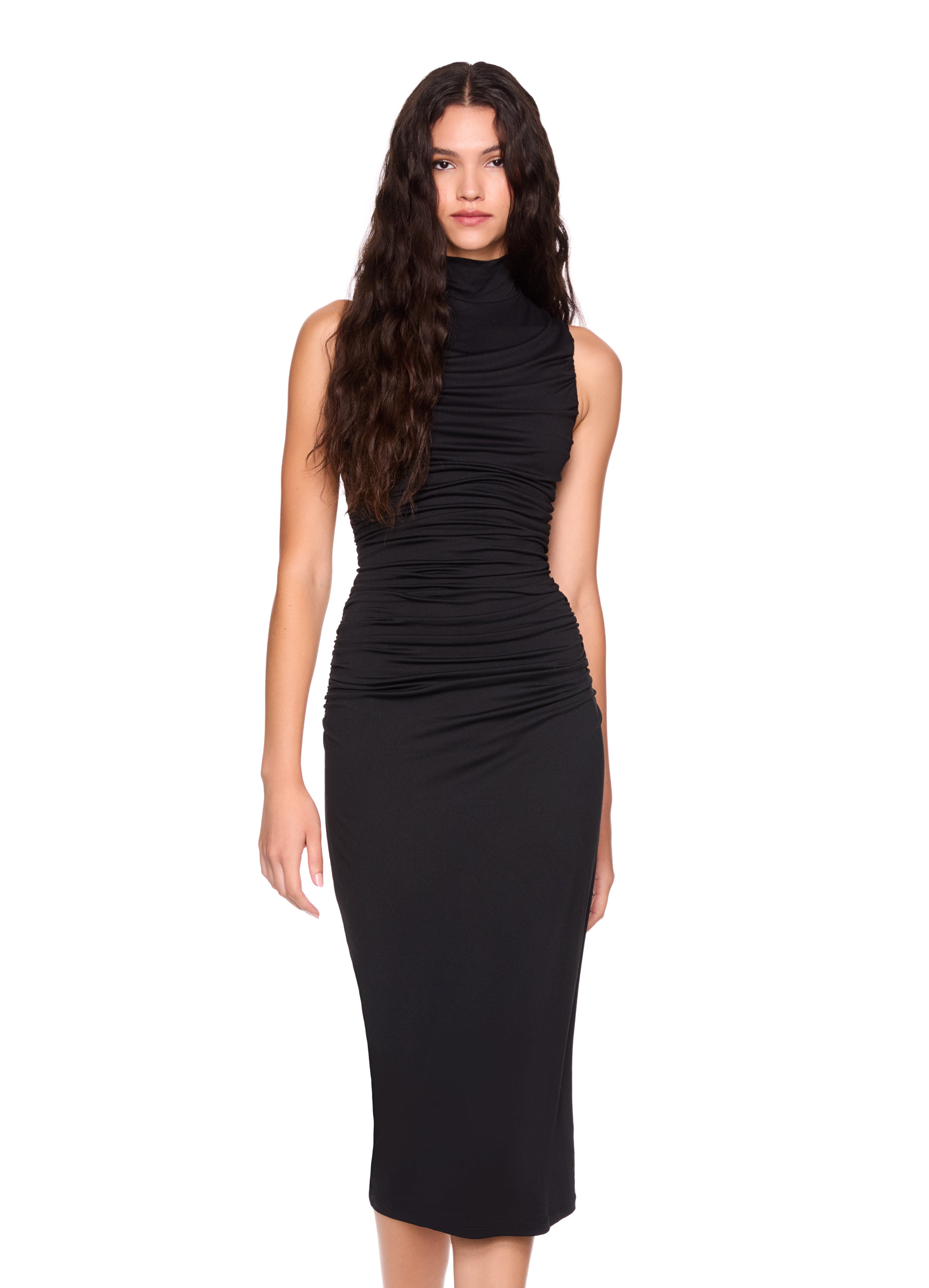 gathered mock neck sleevless dress