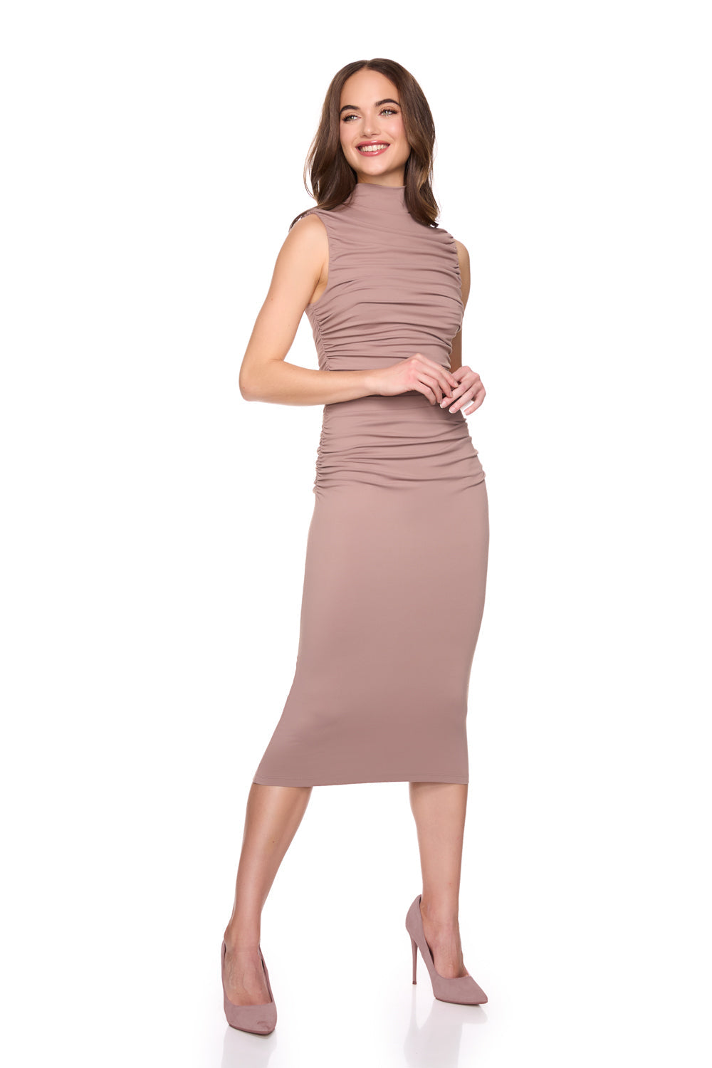 gathered mock neck sleevless dress