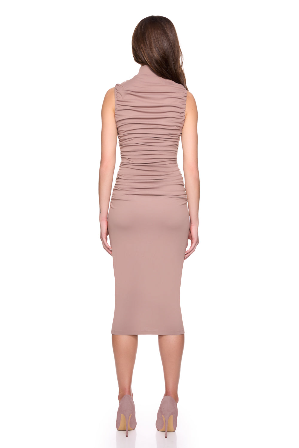 gathered mock neck sleevless dress