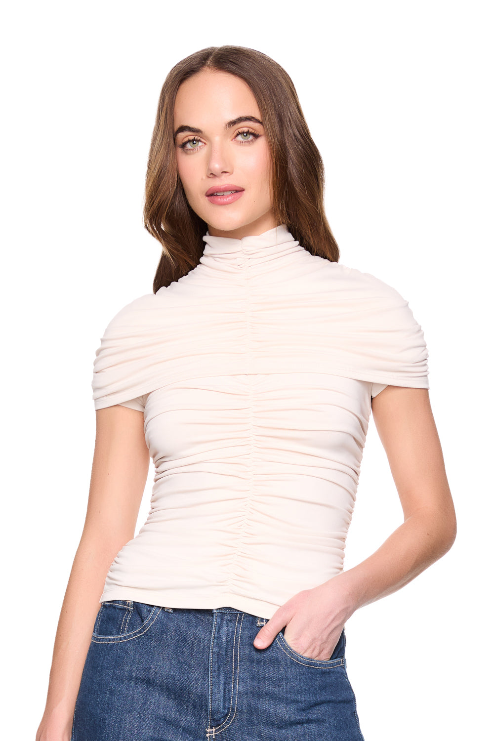 mock neck overlay gathered top