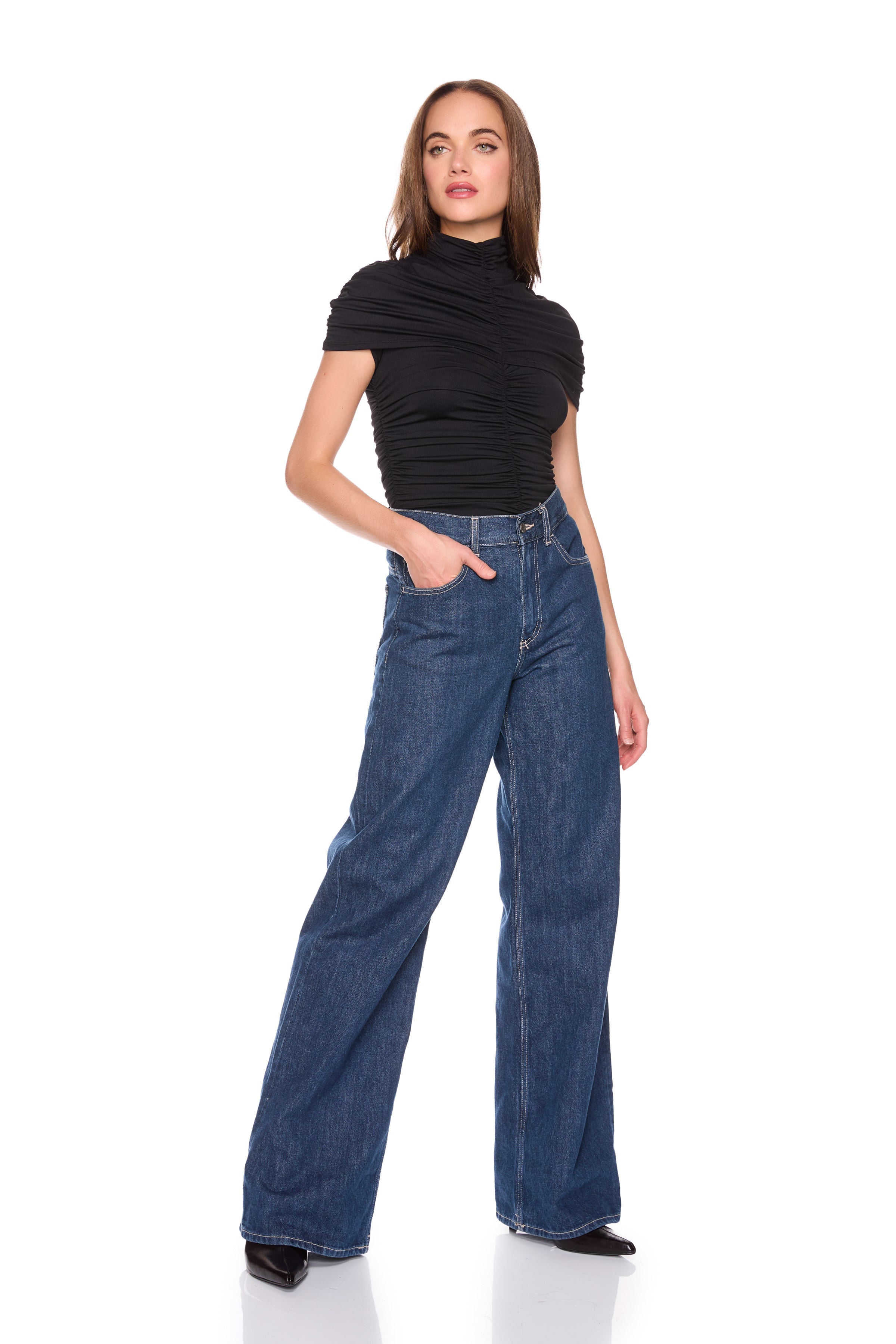 mock neck overlay gathered top