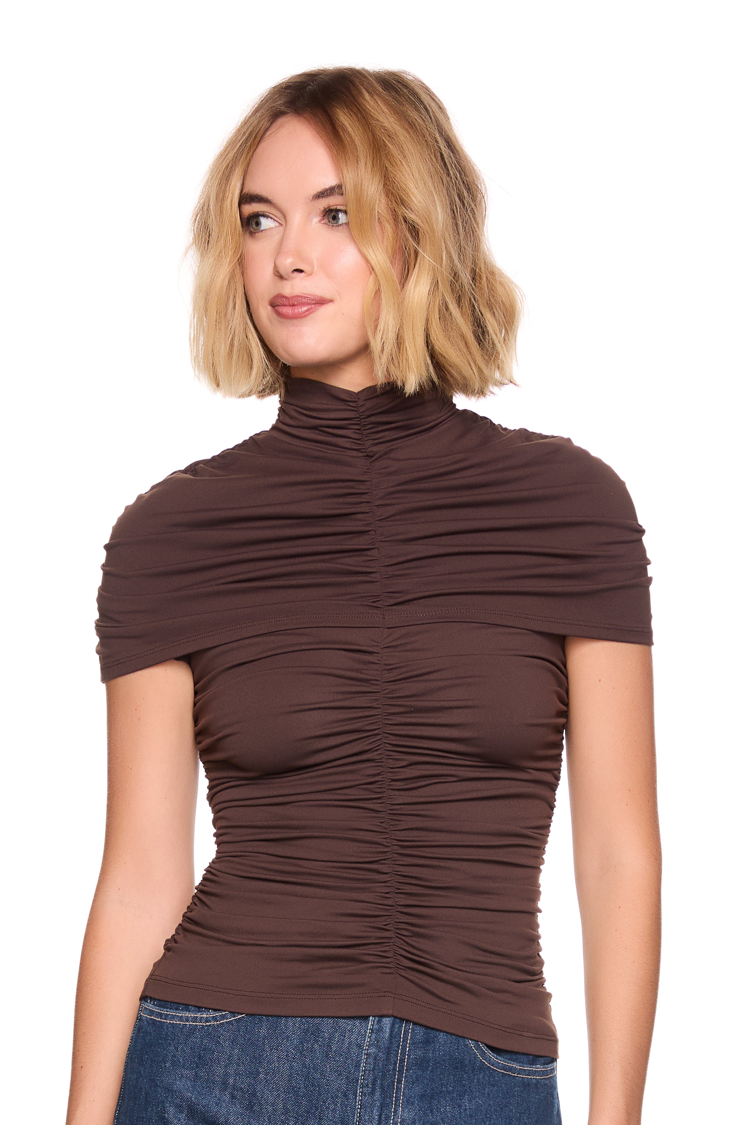 mock neck overlay gathered top