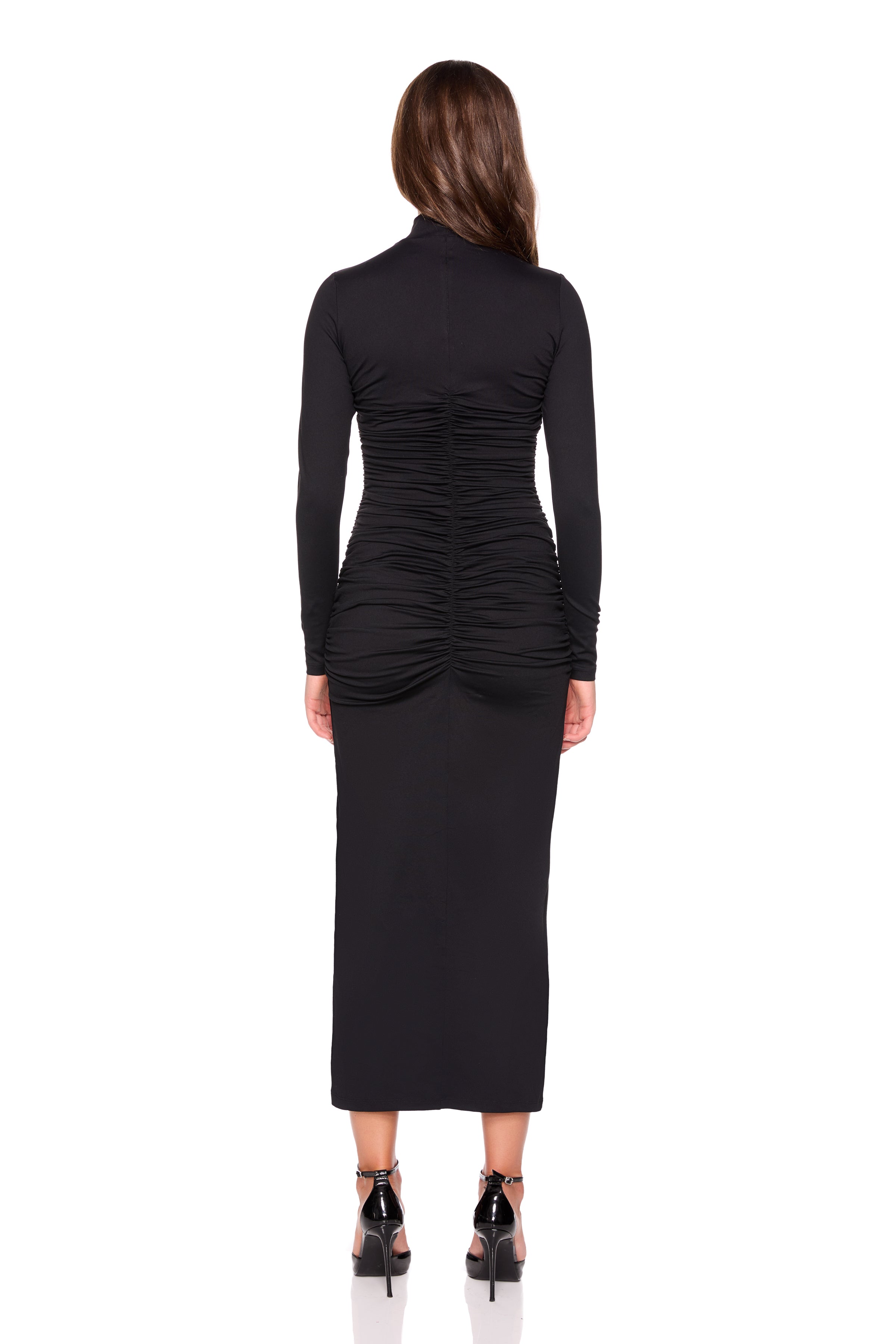 mock neck gathered long sleeve dress