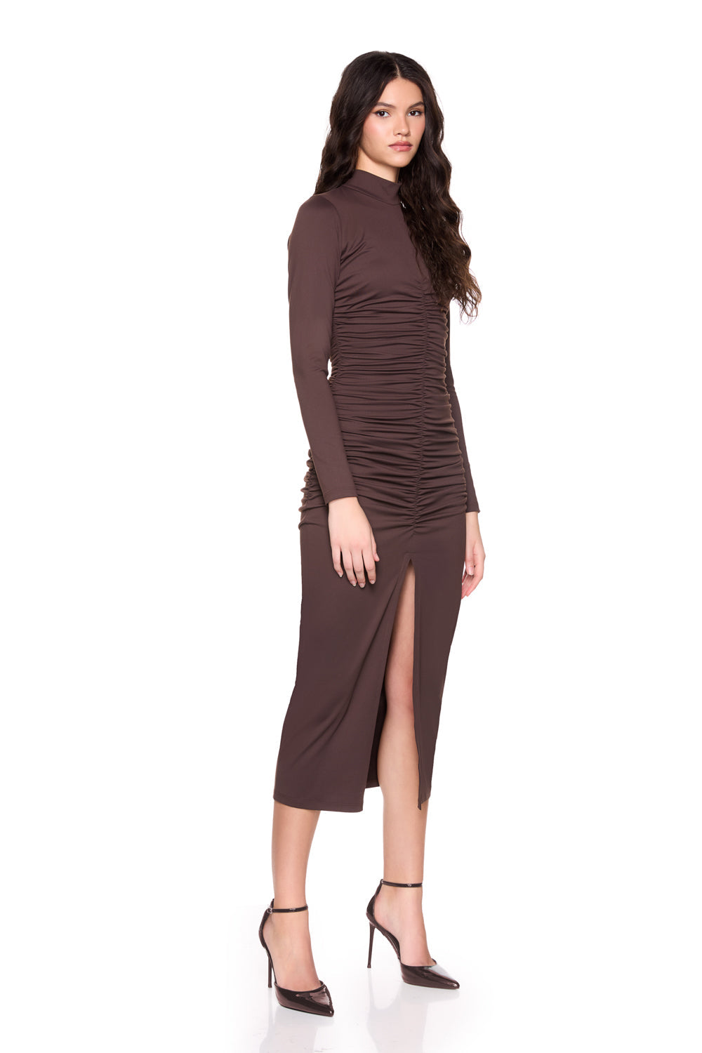 mock neck gathered long sleeve dress
