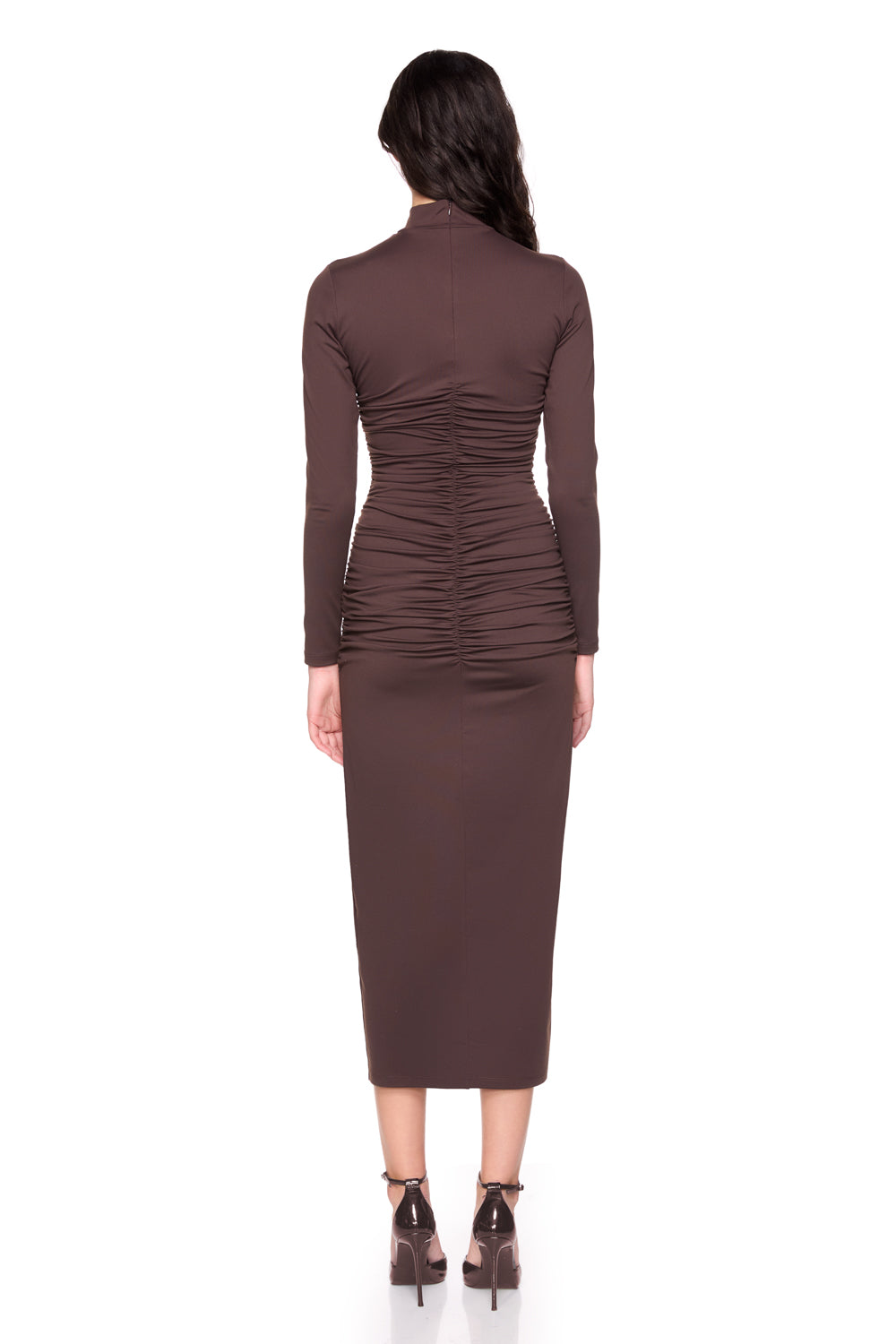 mock neck gathered long sleeve dress
