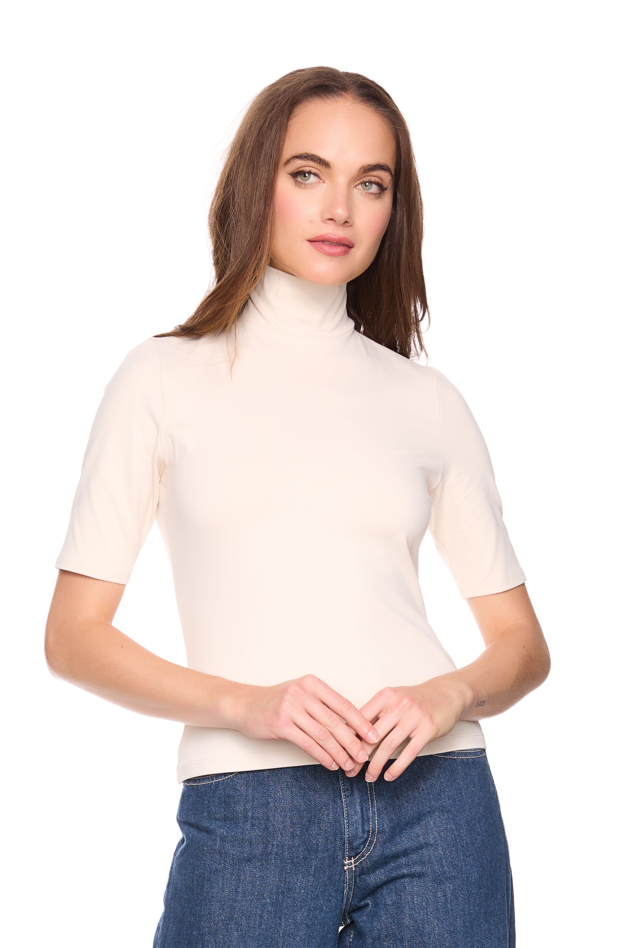mock neck elbow sleeve top