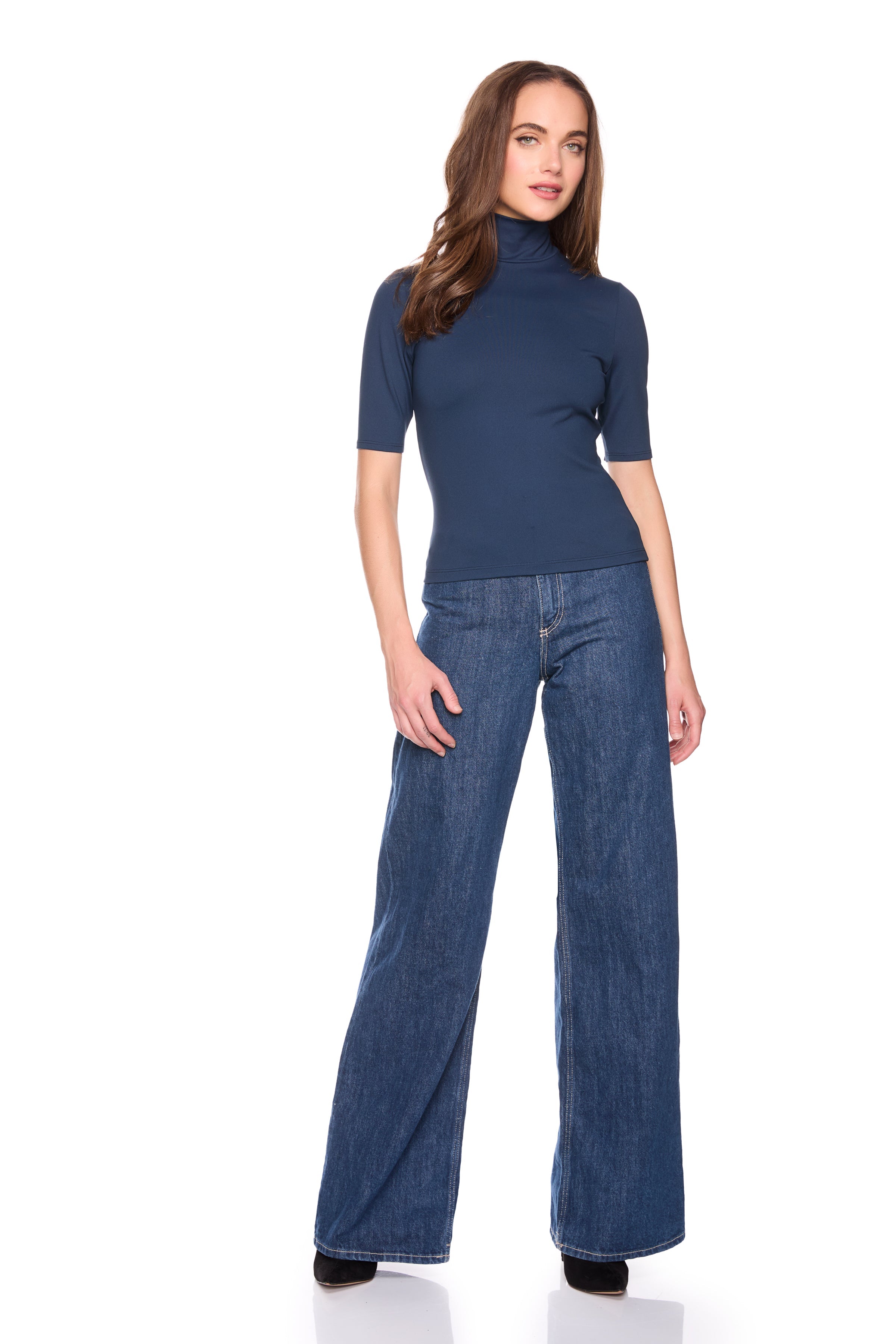 mock neck elbow sleeve top