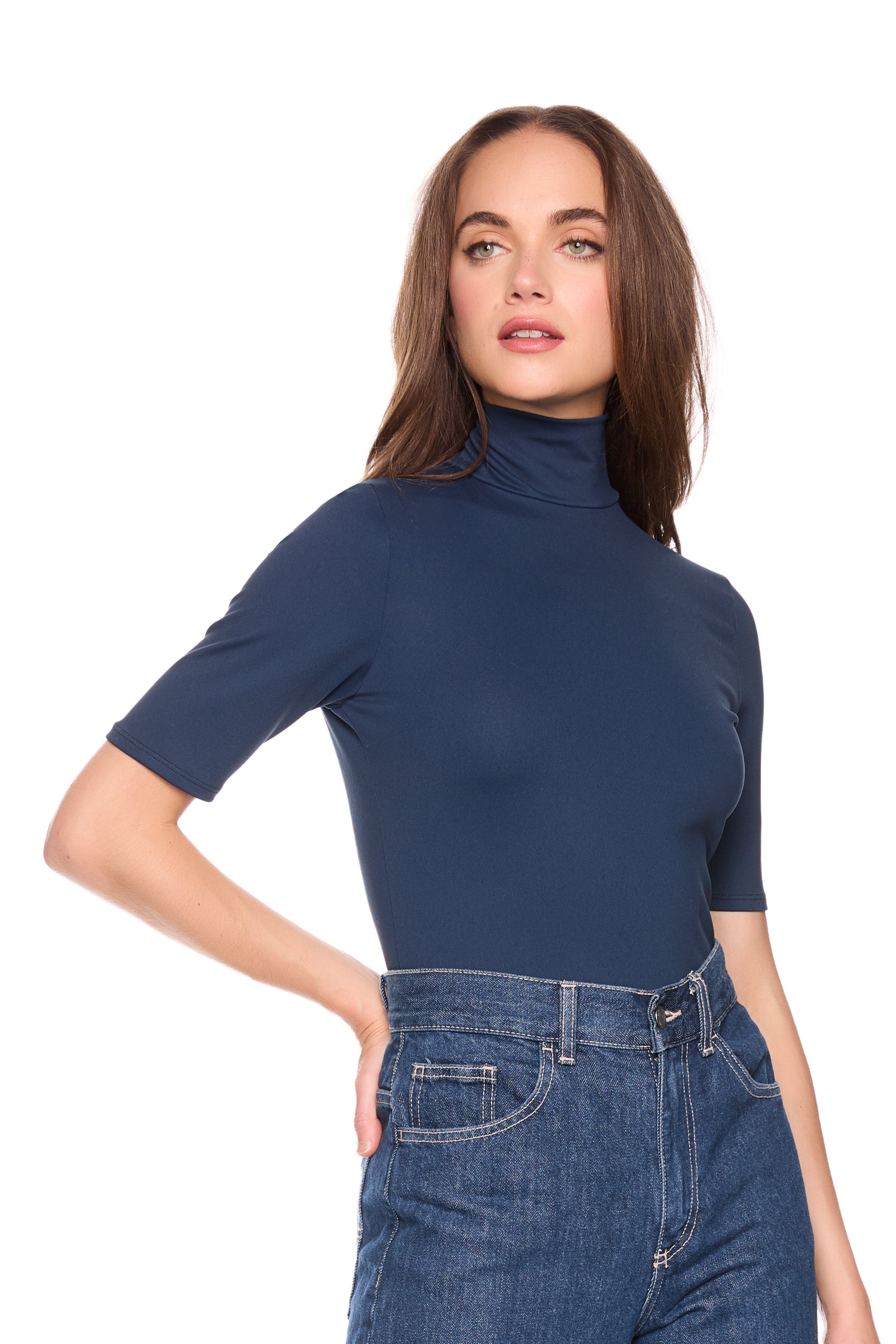 mock neck elbow sleeve top