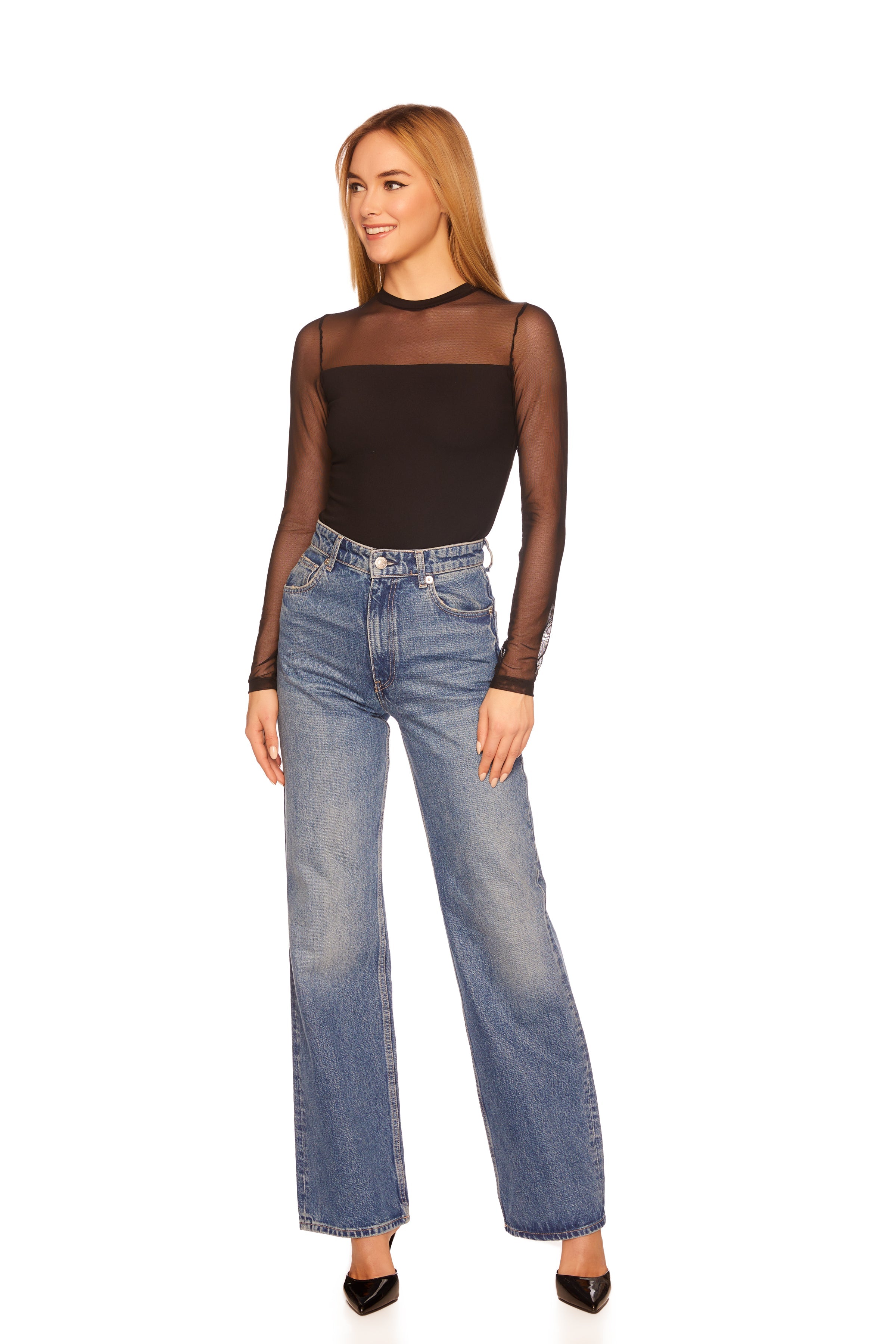 crew neck mesh long sleeve top