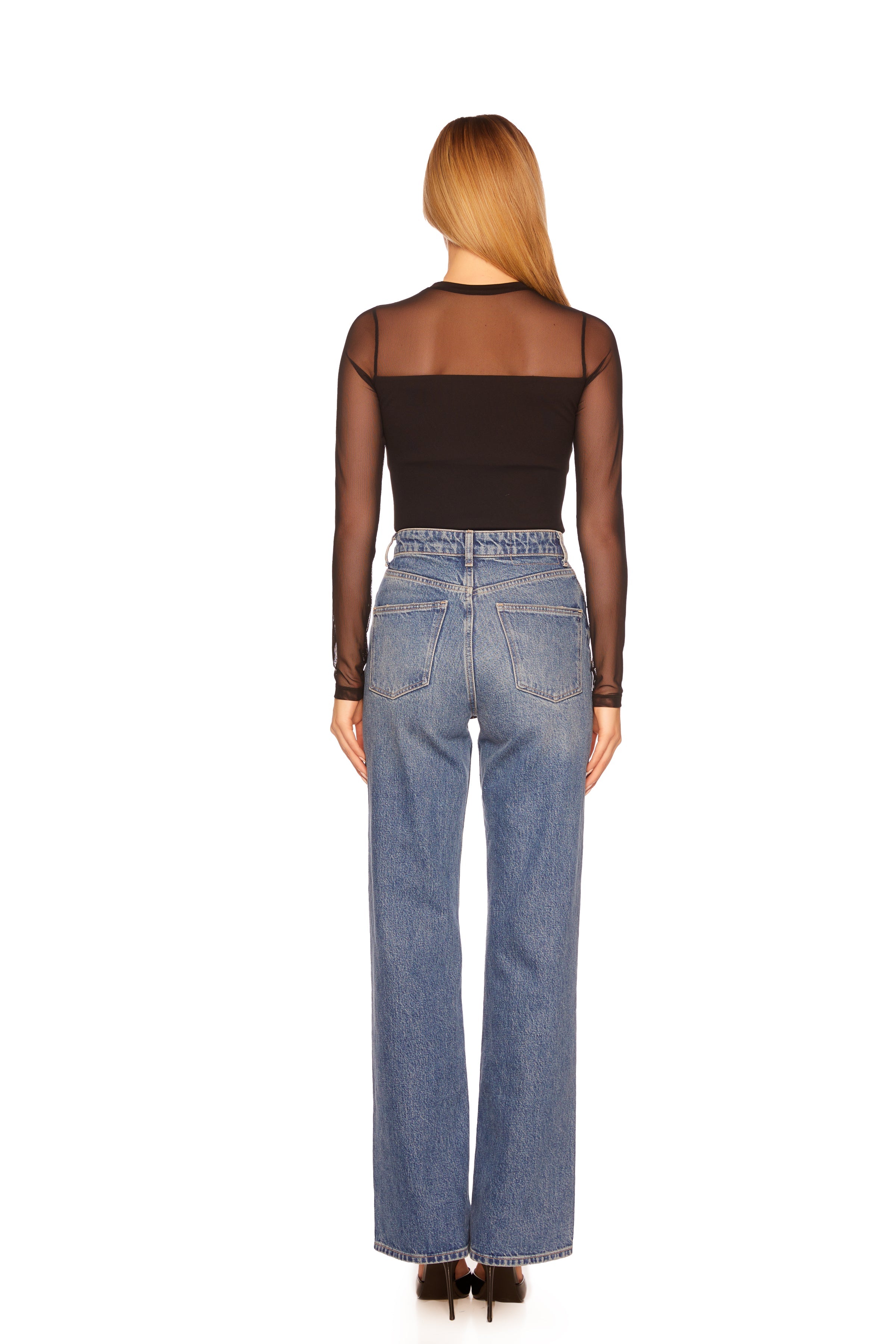 crew neck mesh long sleeve top