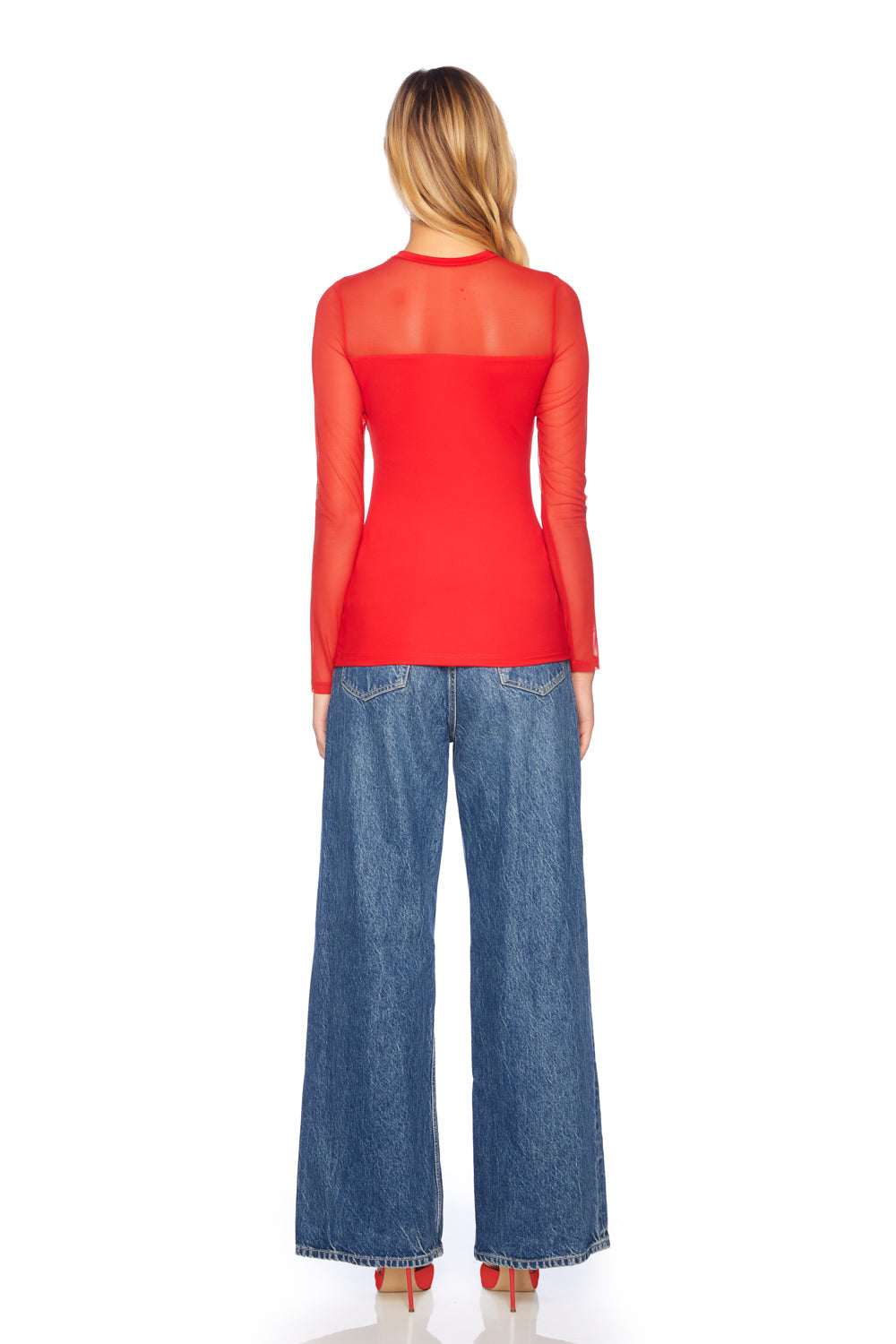 crew neck mesh long sleeve top