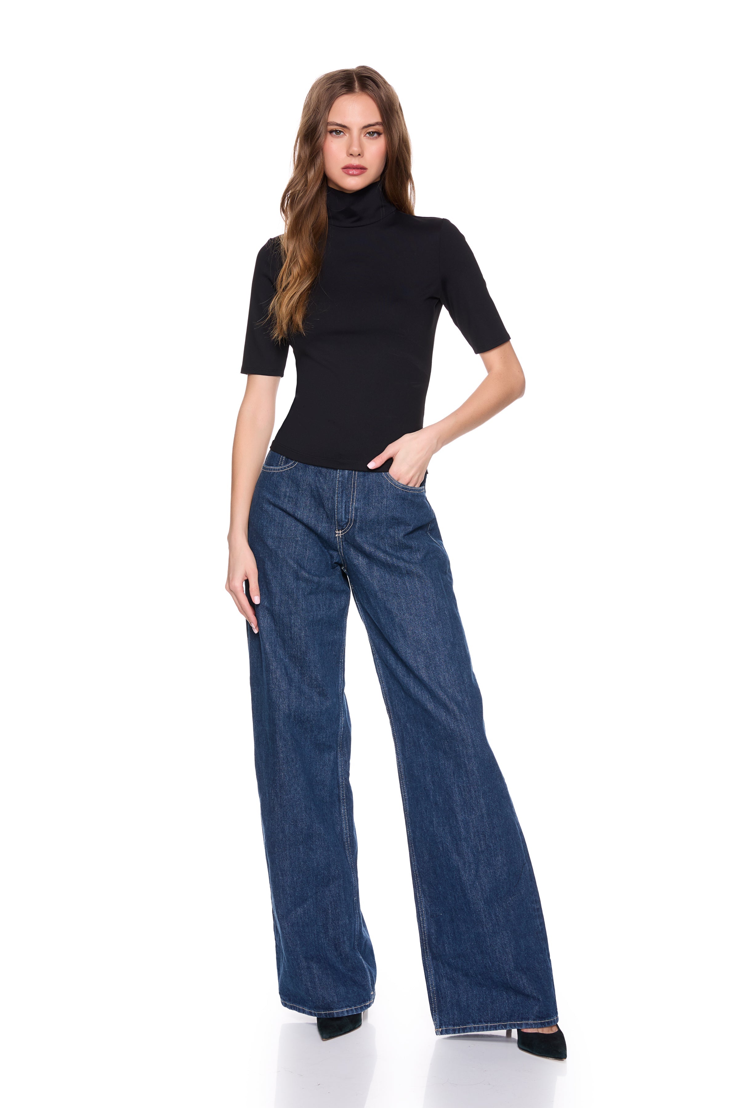 mock neck elbow sleeve top