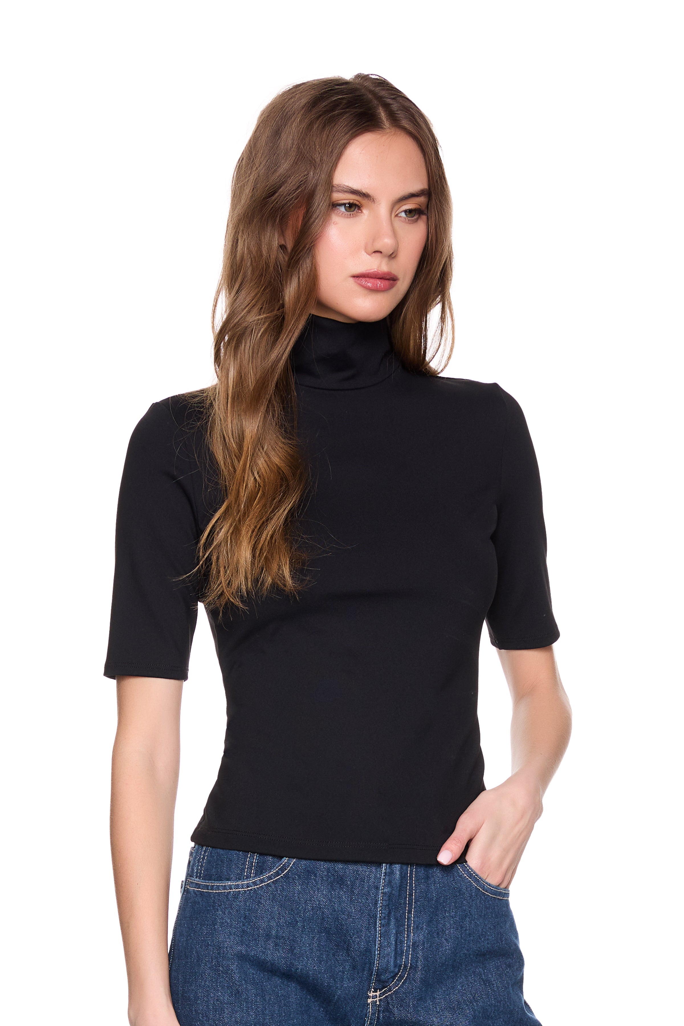 mock neck elbow sleeve top