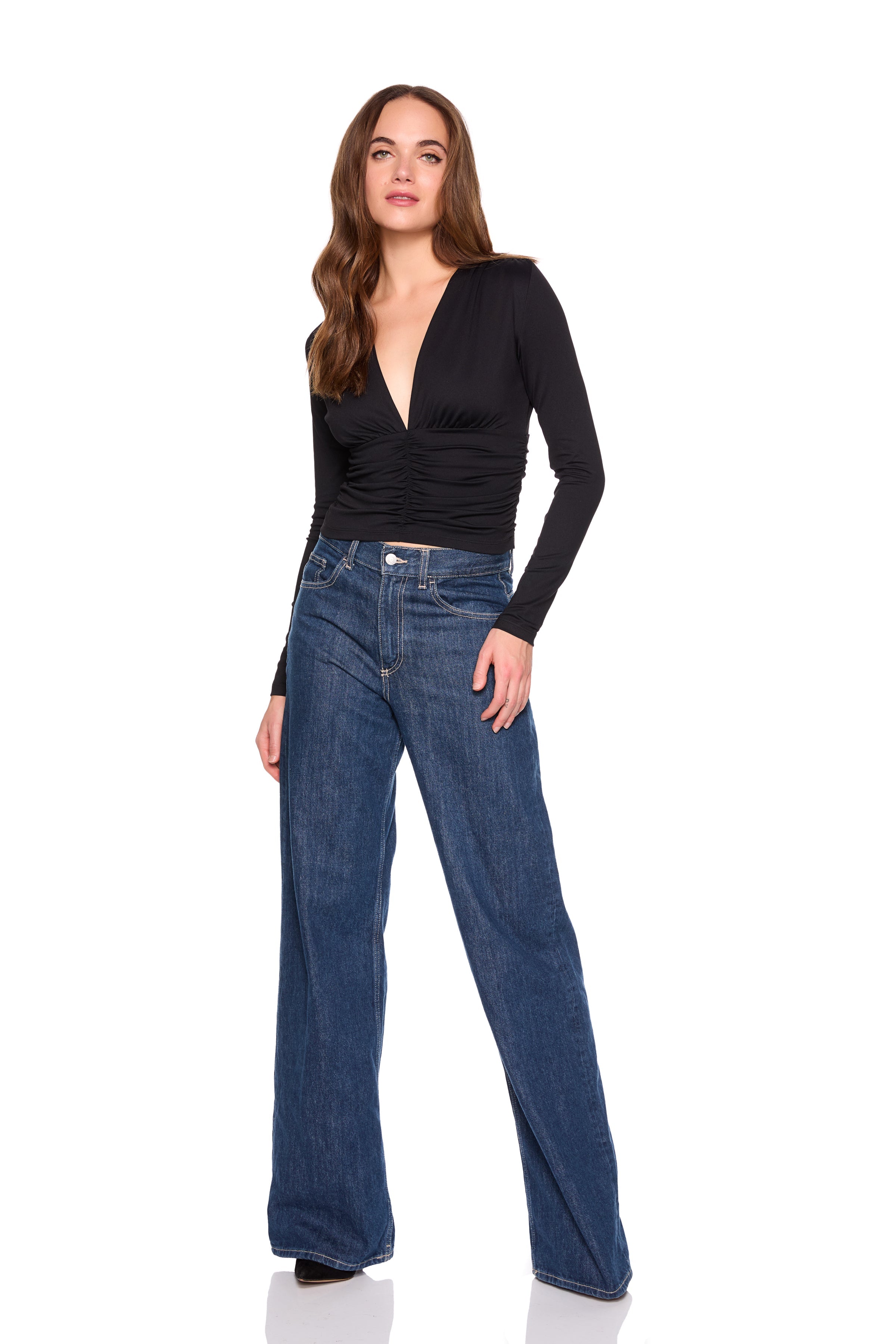 gathered deep v long sleeve top