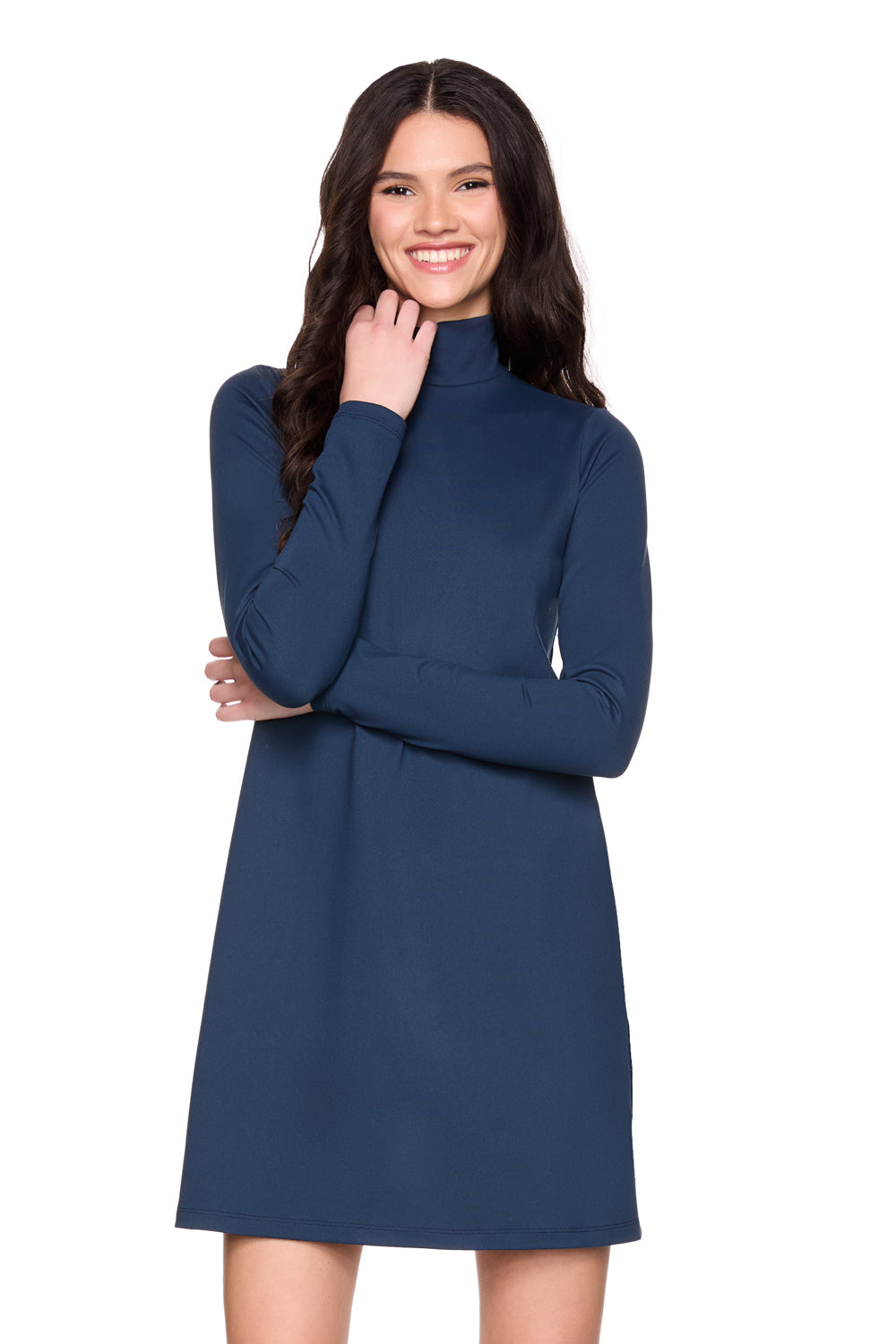mock neck long sleeve shift dress