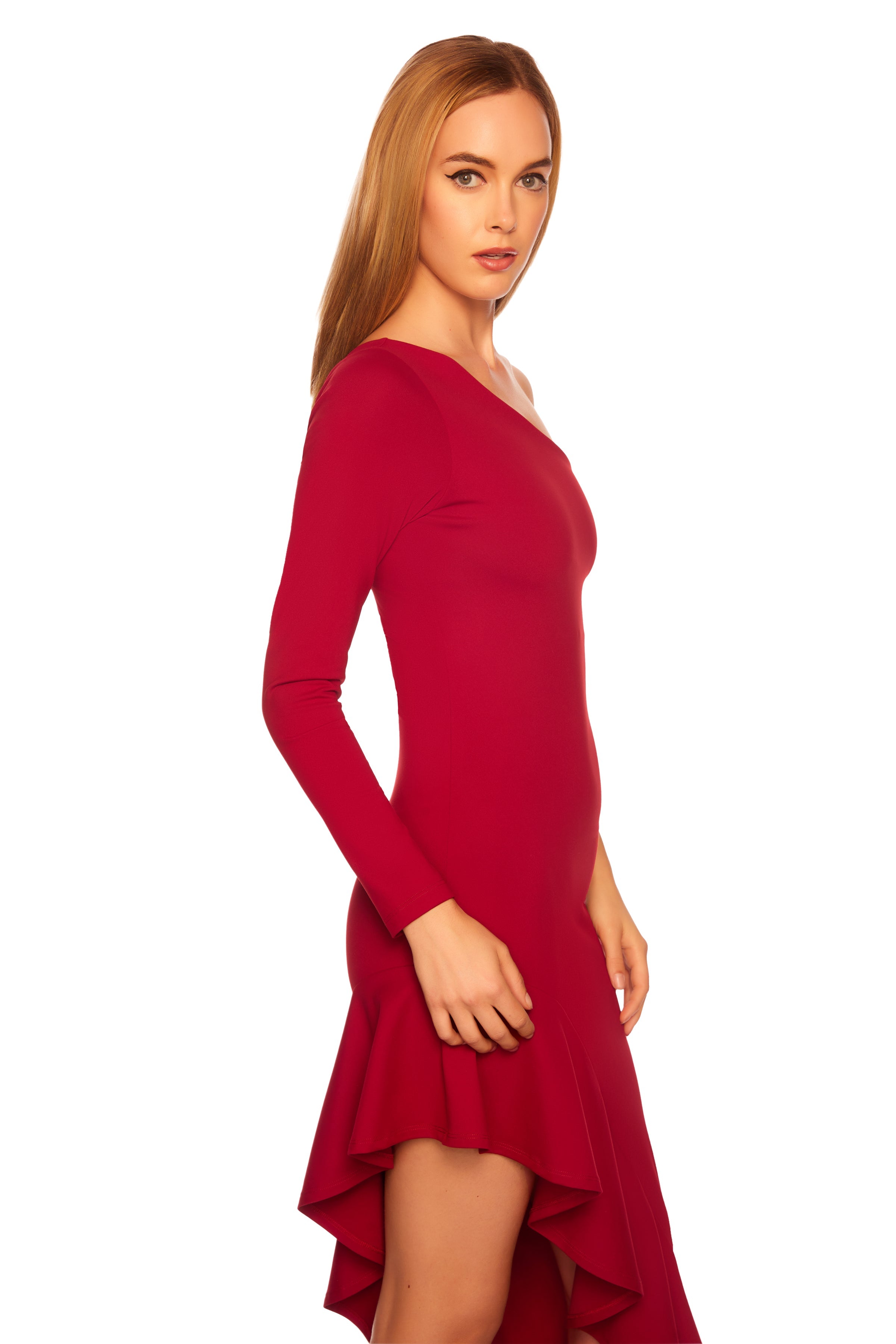 one arm long sleeve ruffle dress