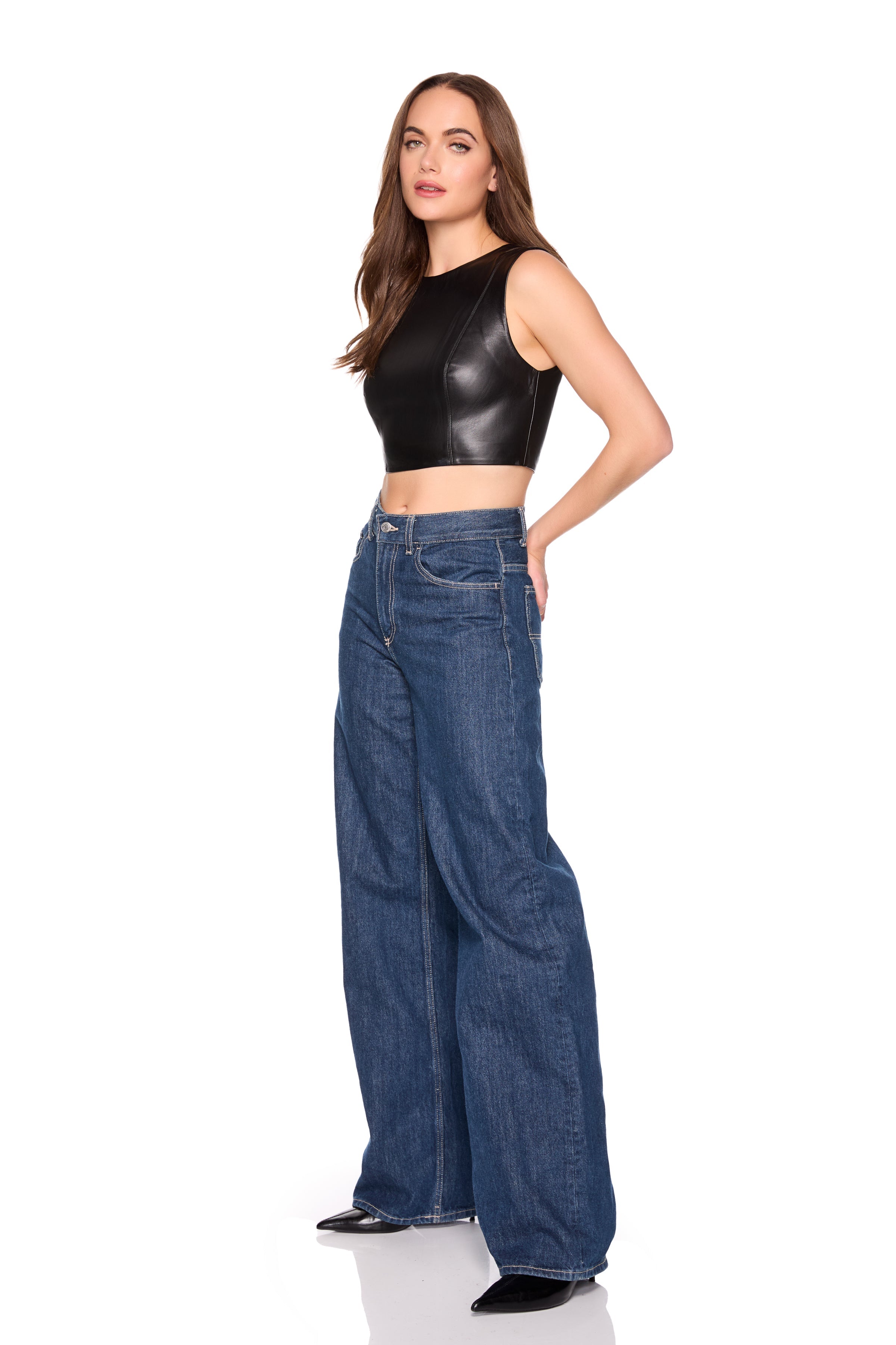 faux leather crew sleeveless top