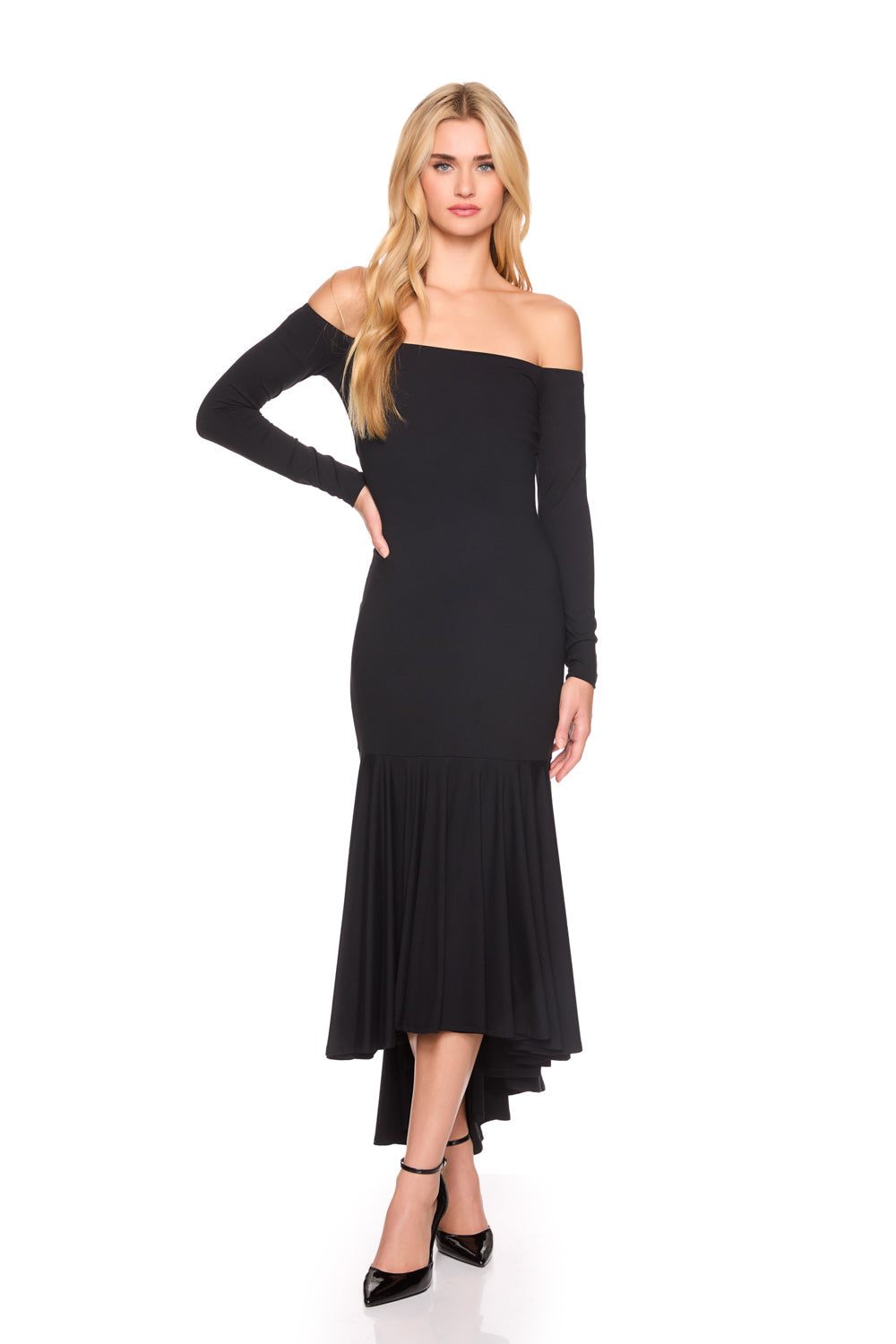 off shoulder long sleeve high low dress