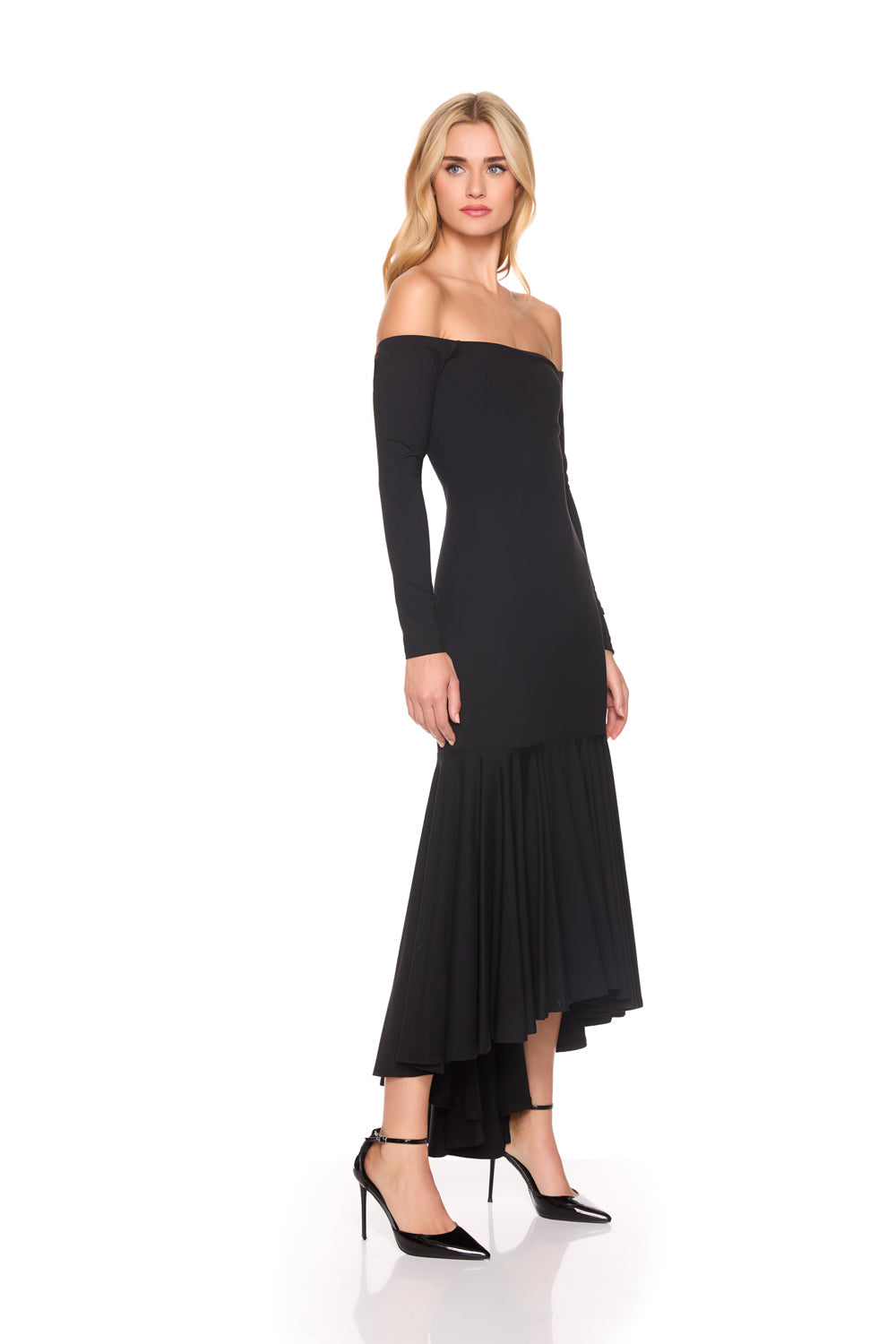 off shoulder long sleeve high low dress