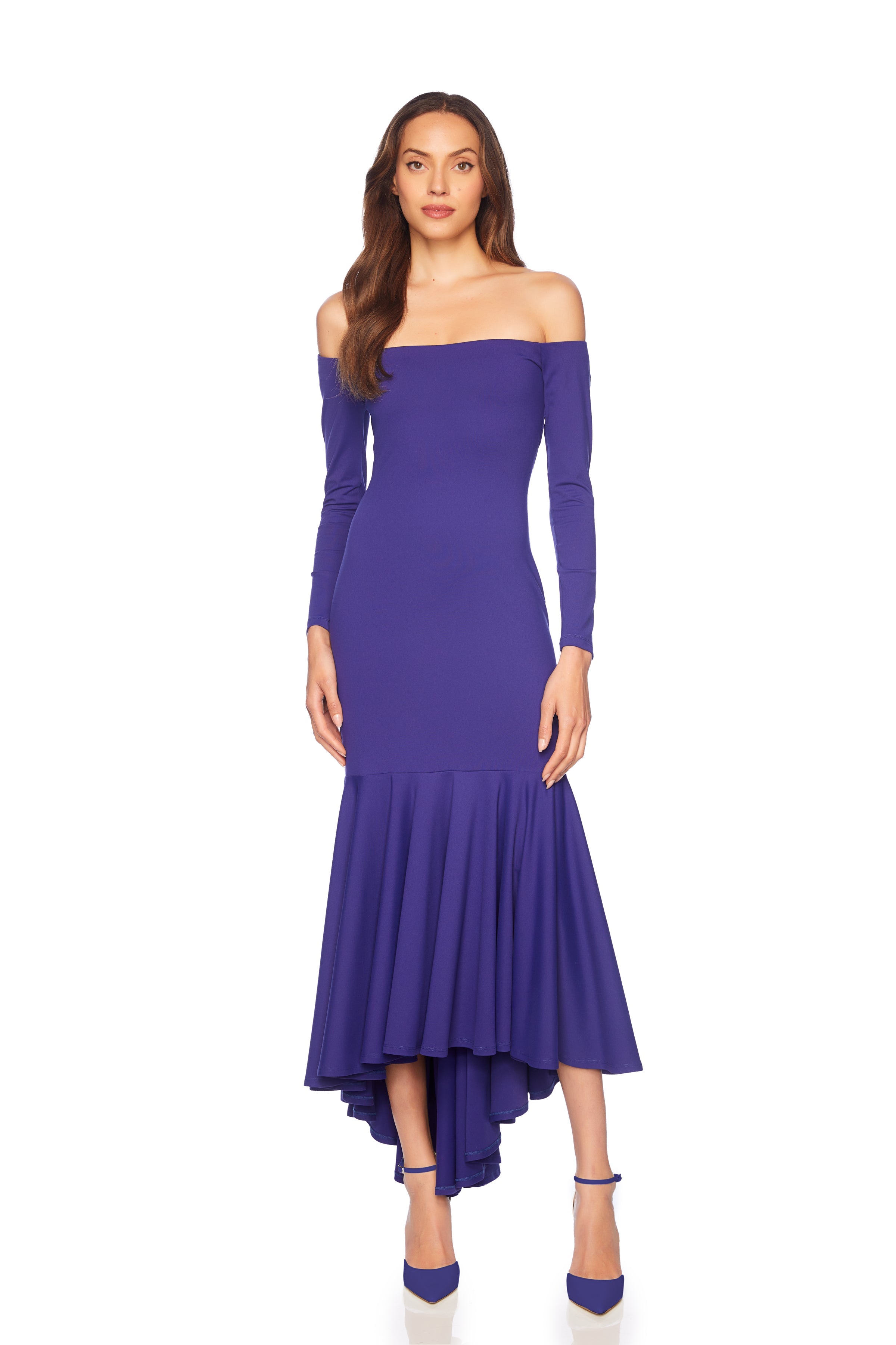 off shoulder long sleeve high low dress