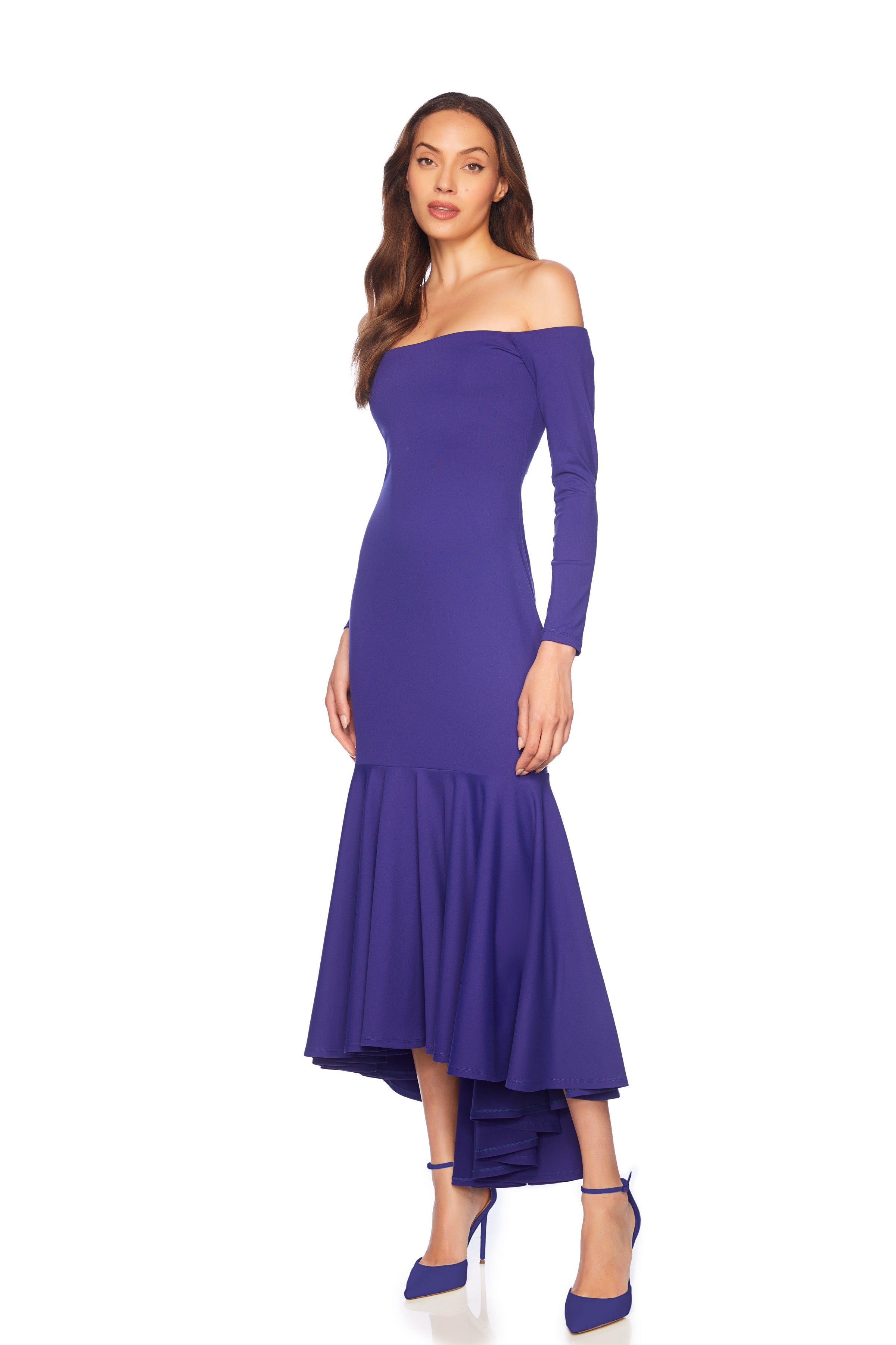 off shoulder long sleeve high low dress