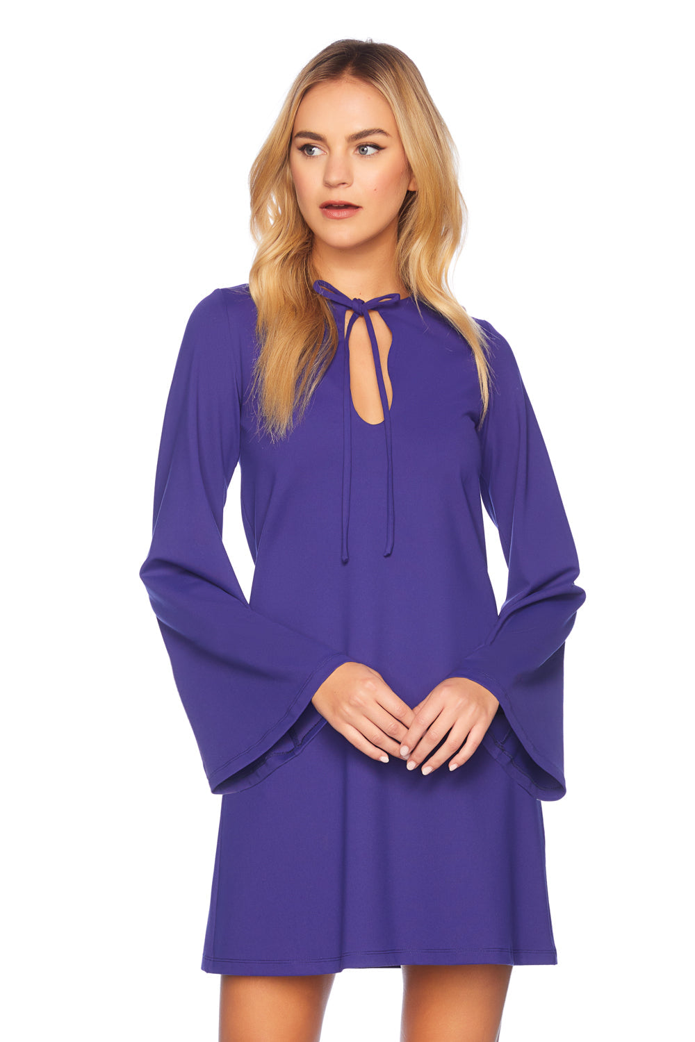 bell sleeve keyhole tie dress
