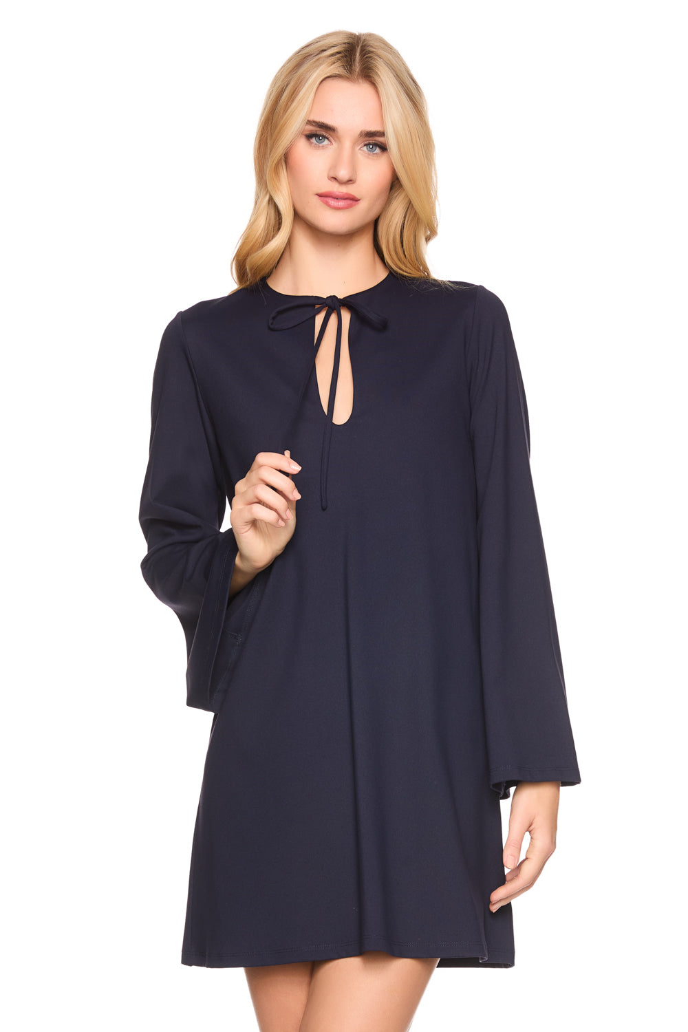 bell sleeve keyhole tie dress