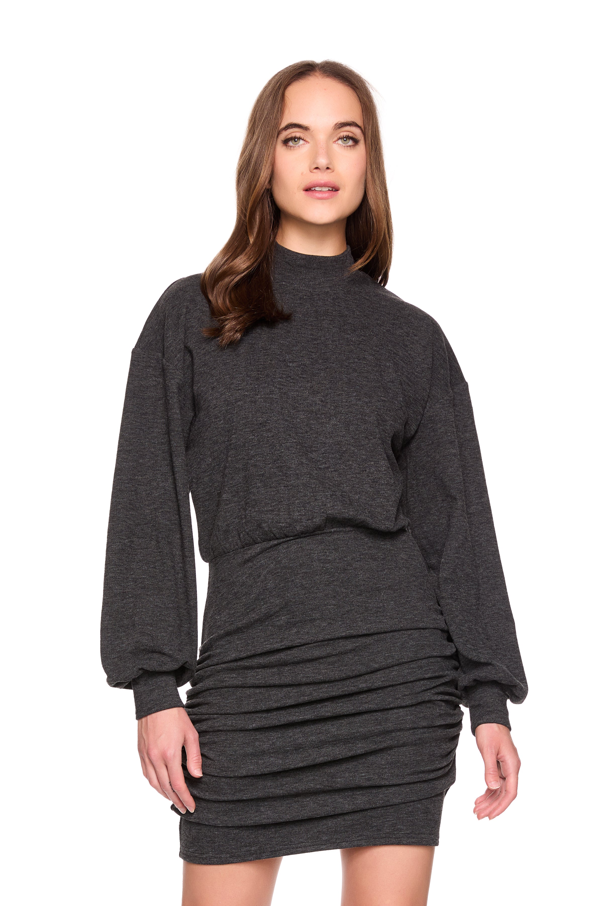 fleece mock neck gathered dress