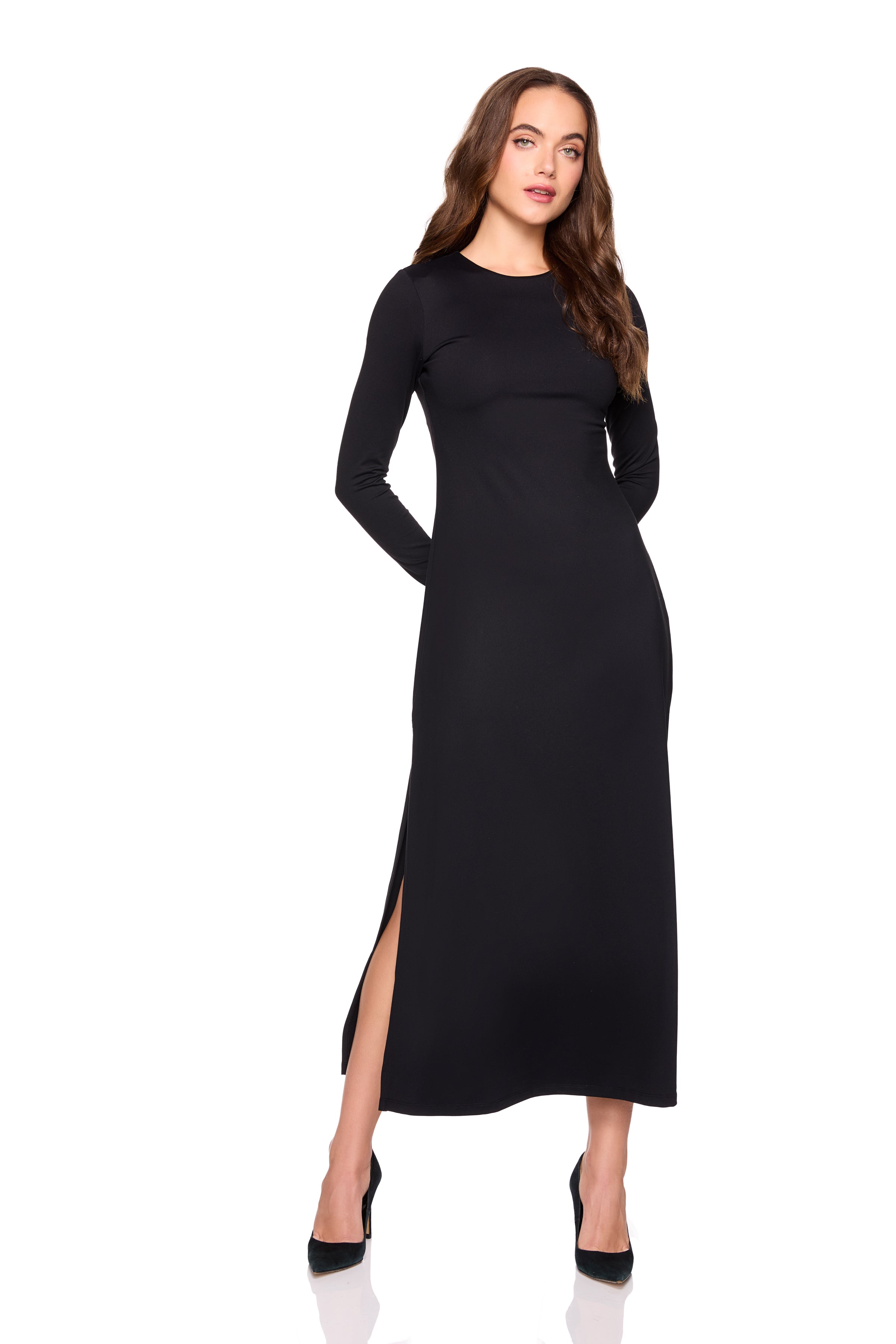 crew long sleeve side slit dress