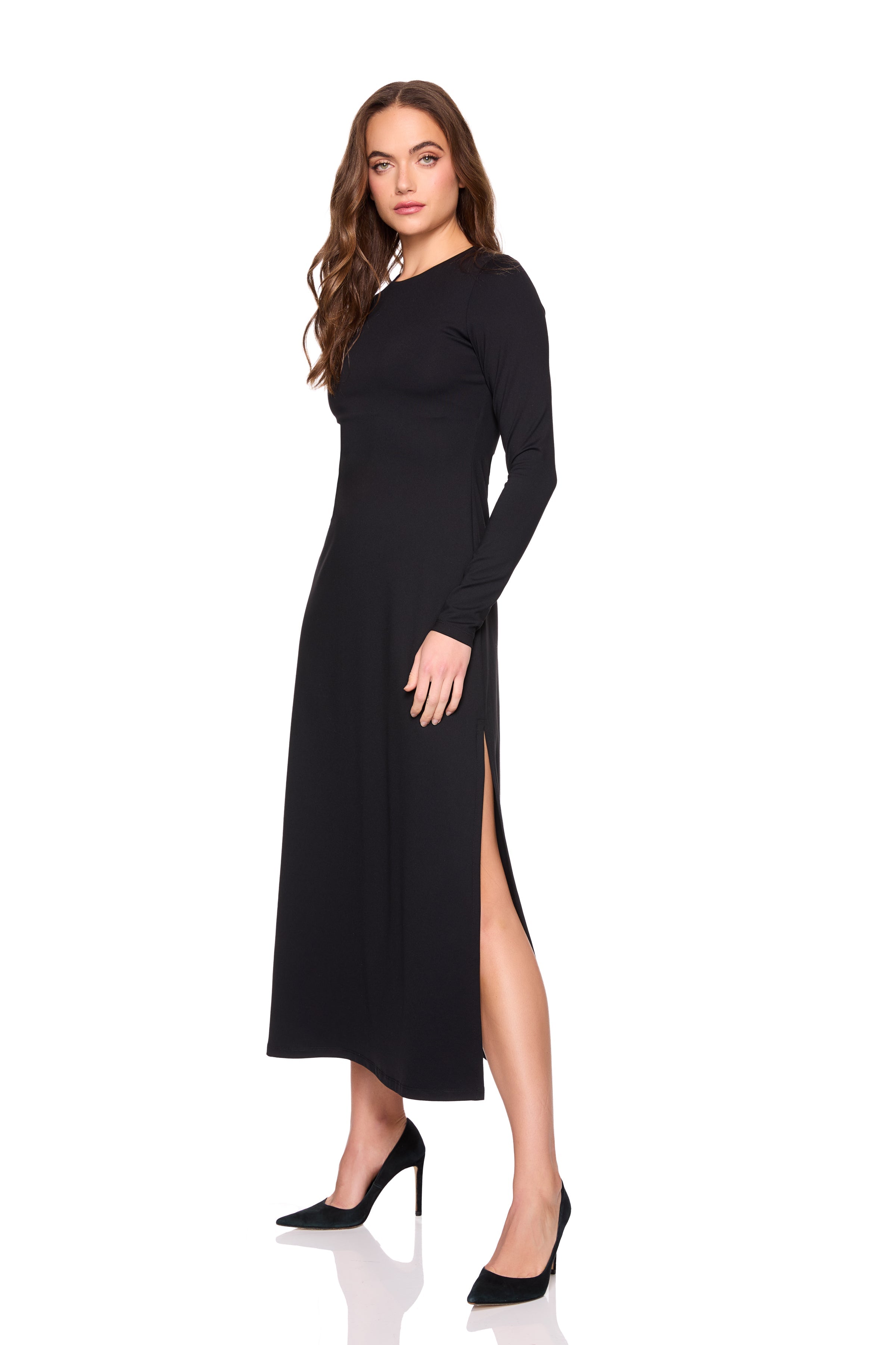 crew long sleeve side slit dress