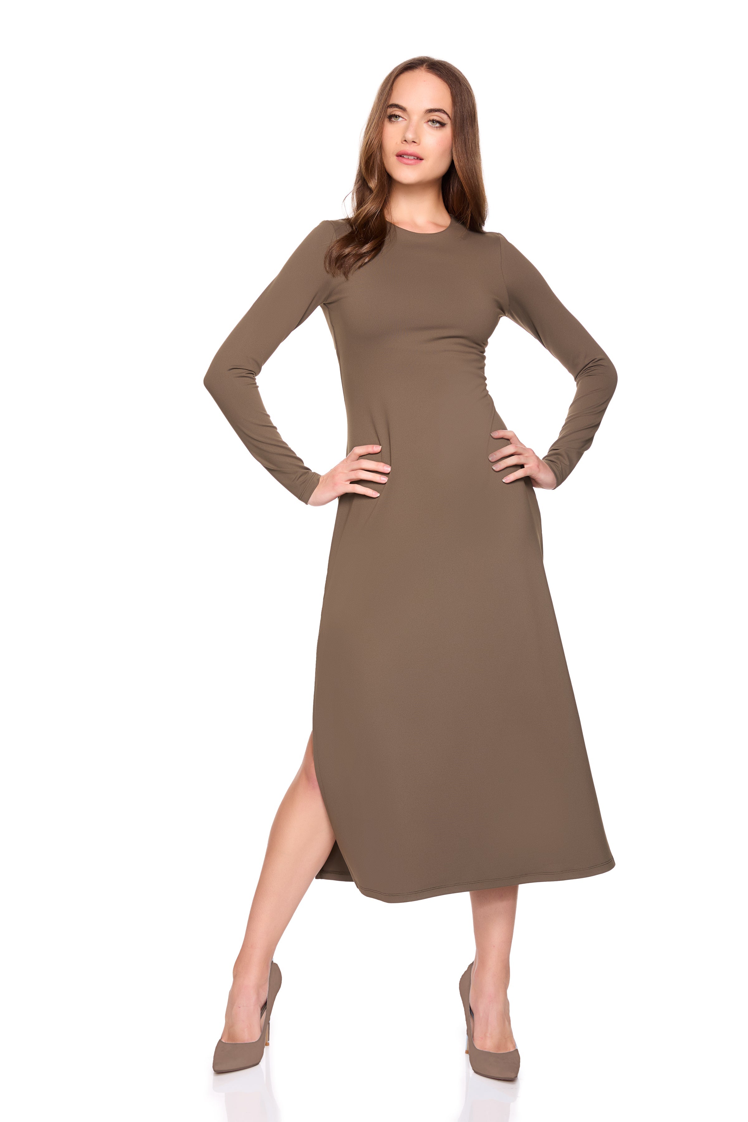 crew long sleeve side slit dress