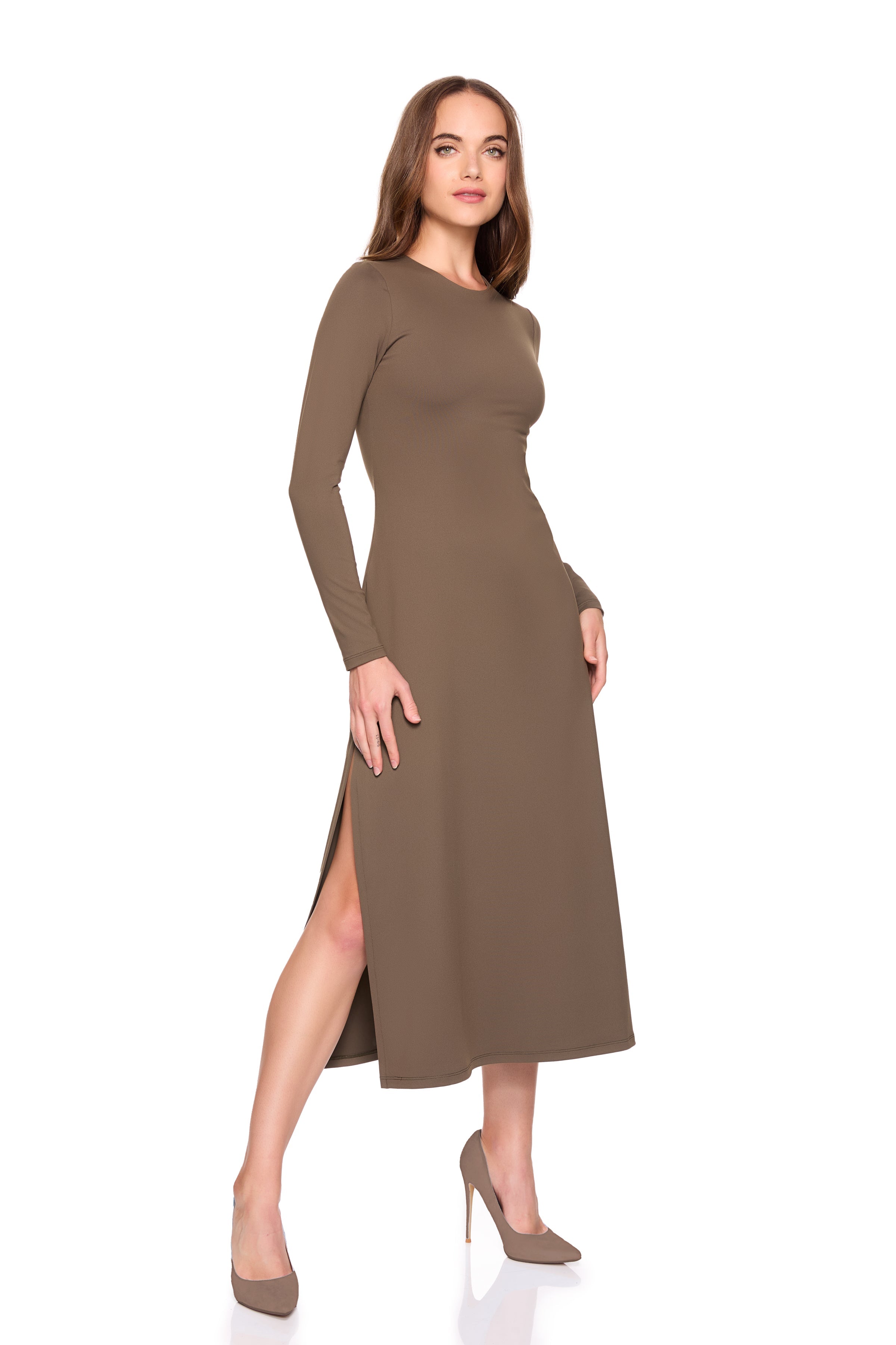 crew long sleeve side slit dress