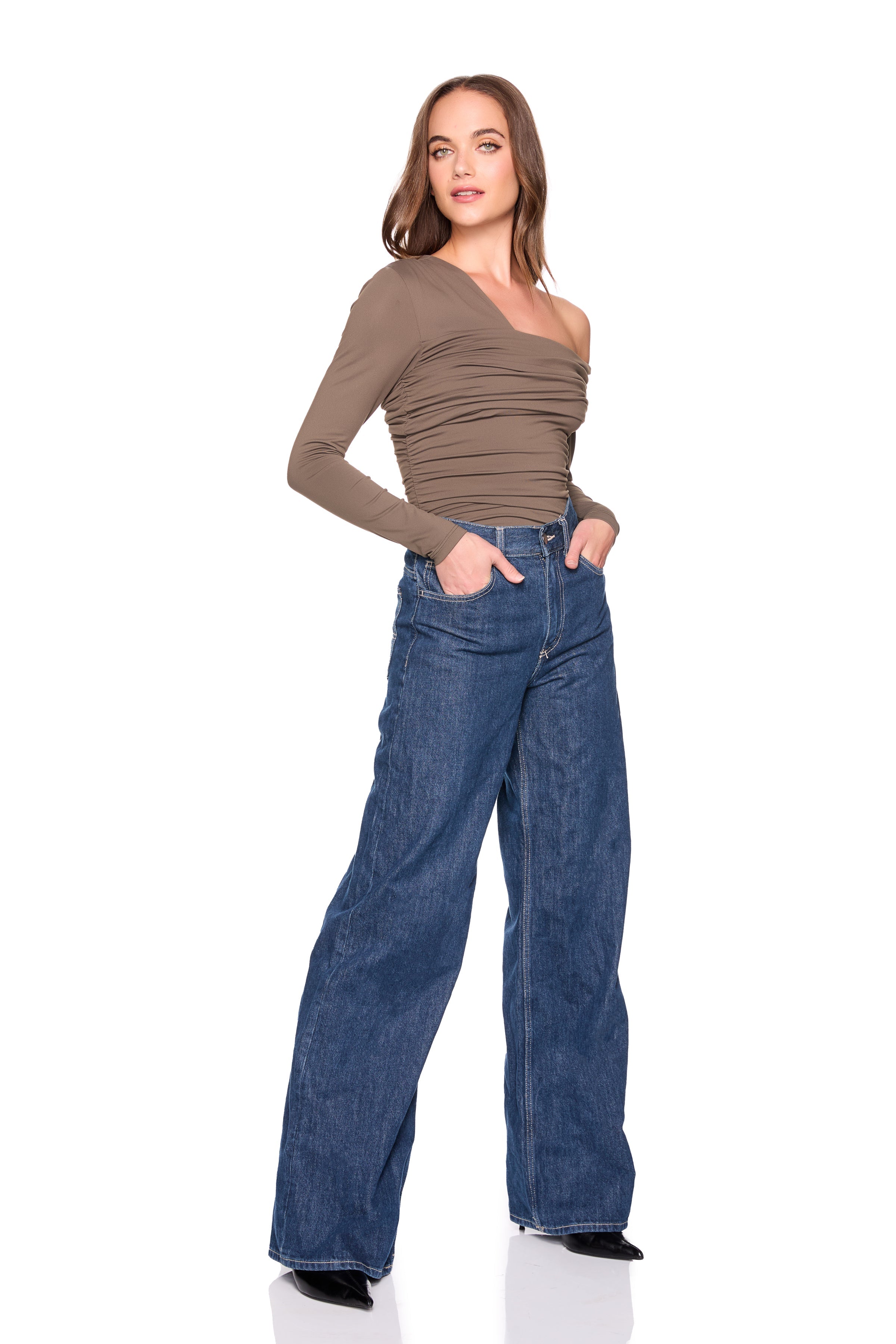 one arm off shoulder gathered top